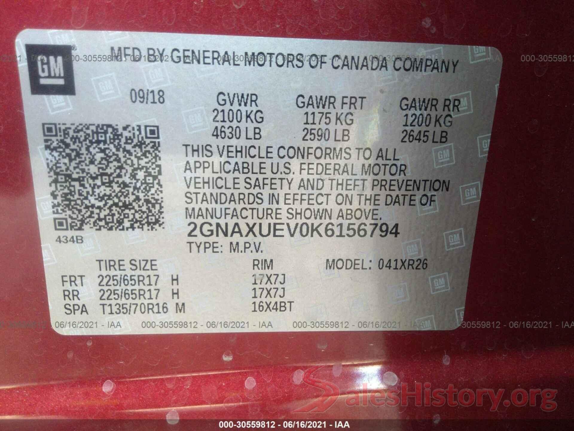 2GNAXUEV0K6156794 2019 CHEVROLET EQUINOX