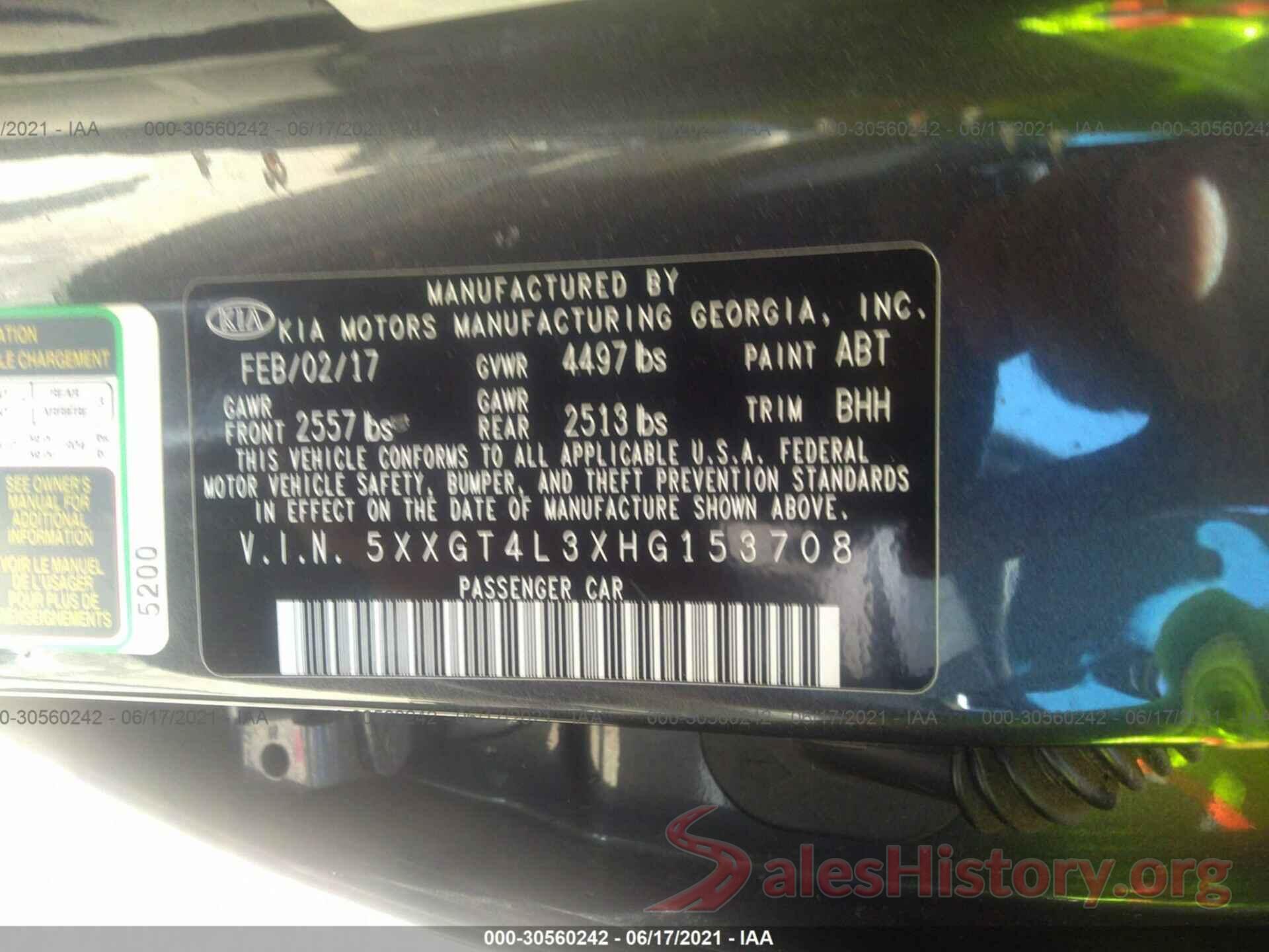 5XXGT4L3XHG153708 2017 KIA OPTIMA