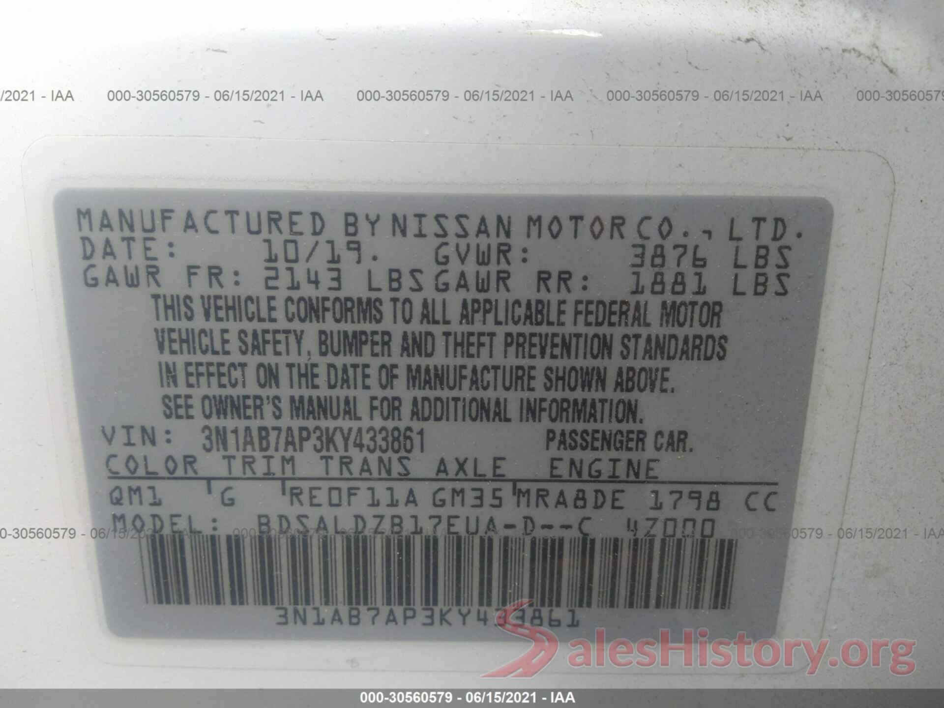 3N1AB7AP3KY433861 2019 NISSAN SENTRA