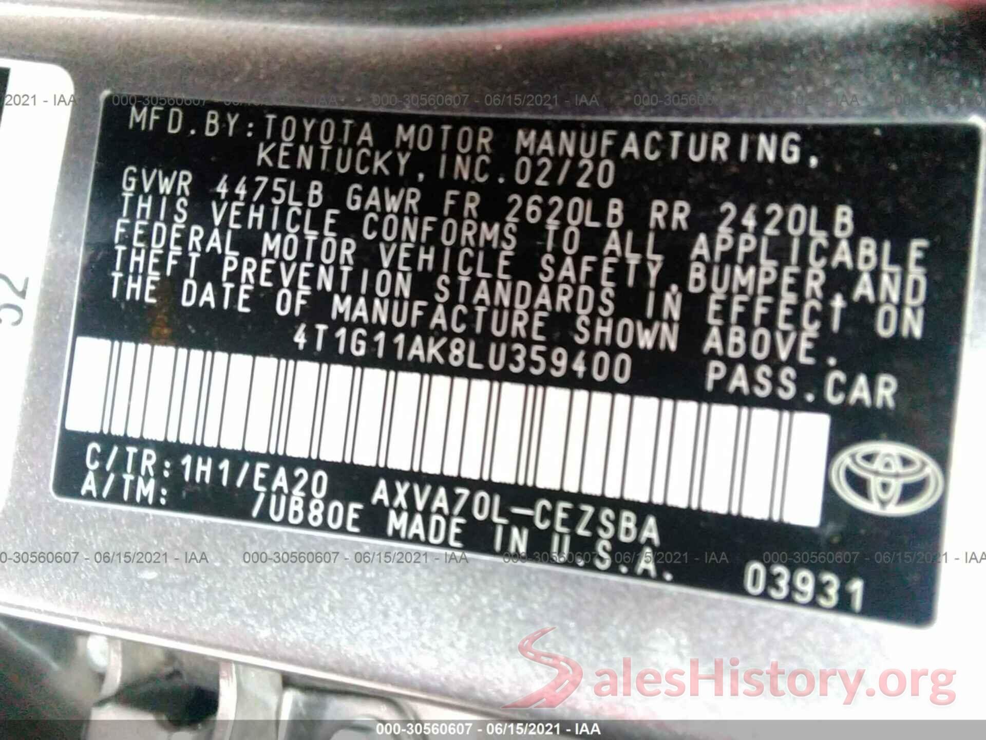 4T1G11AK8LU359400 2020 TOYOTA CAMRY