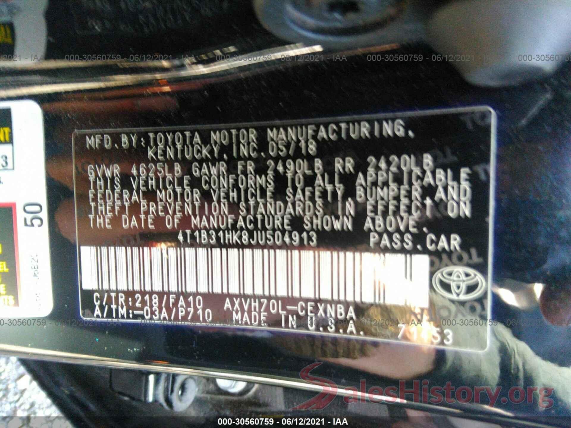 4T1B31HK8JU504913 2018 TOYOTA CAMRY