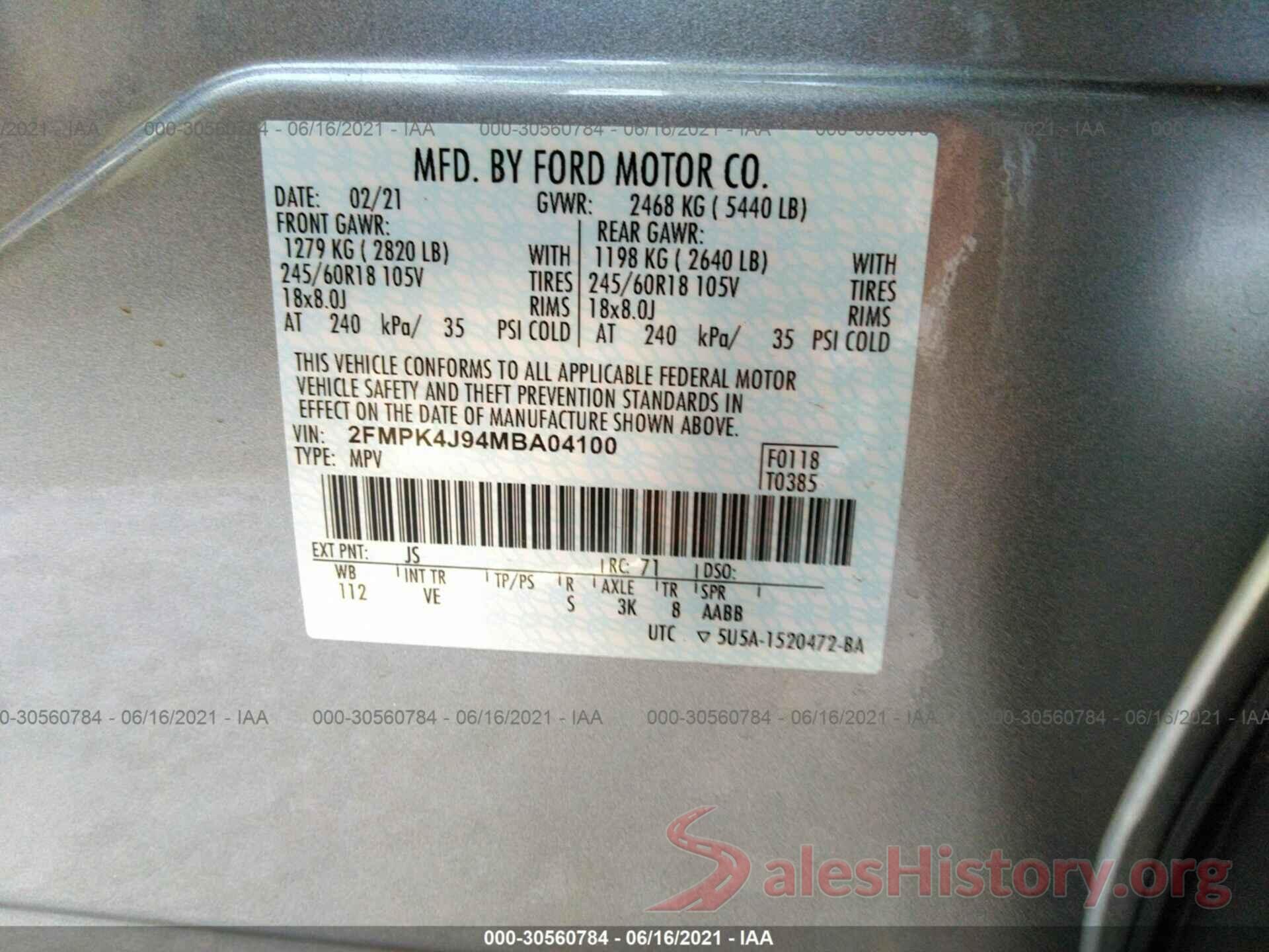 2FMPK4J94MBA04100 2021 FORD EDGE