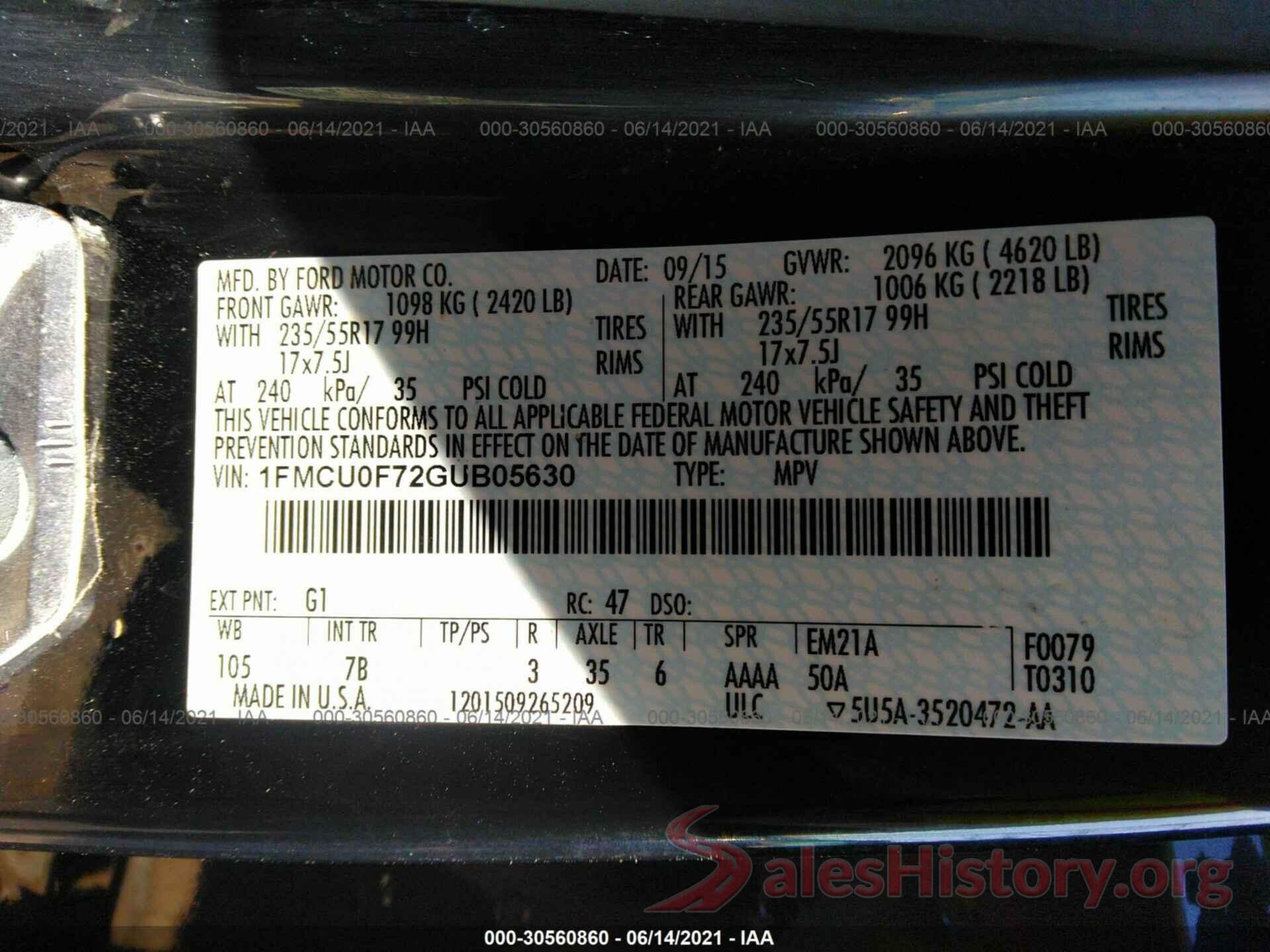 1FMCU0F72GUB05630 2016 FORD ESCAPE