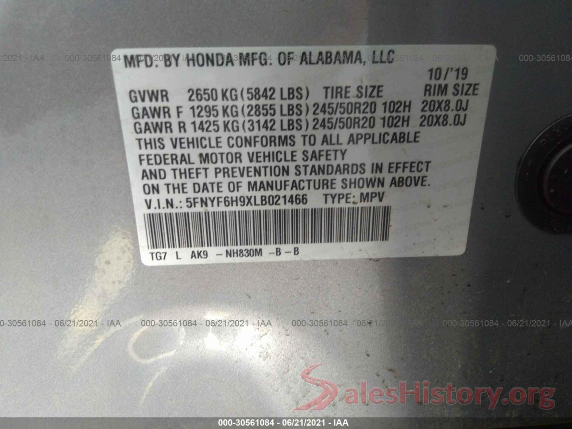 5FNYF6H9XLB021466 2020 HONDA PILOT