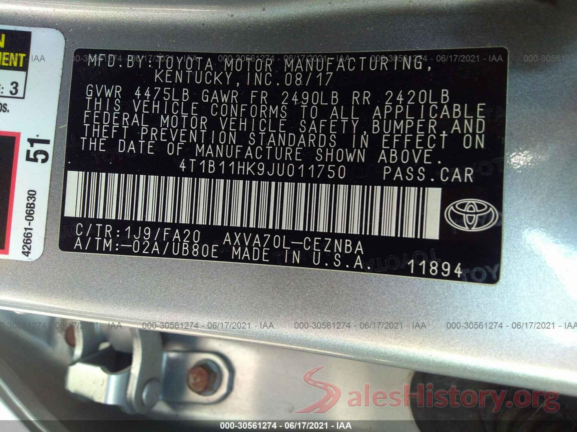 4T1B11HK9JU011750 2018 TOYOTA CAMRY