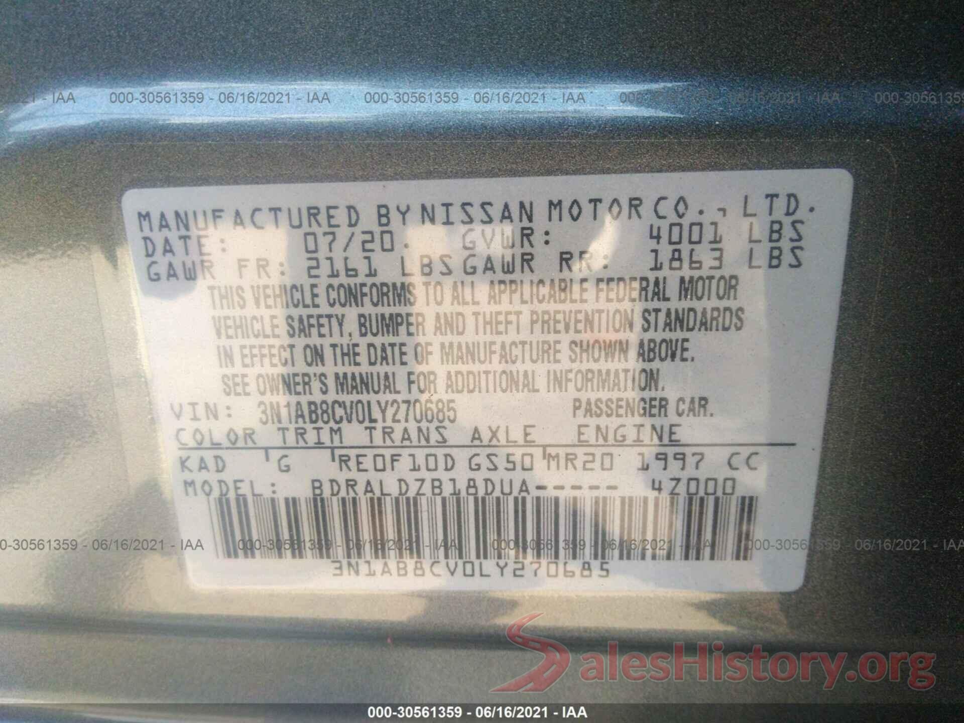 3N1AB8CV0LY270685 2020 NISSAN SENTRA