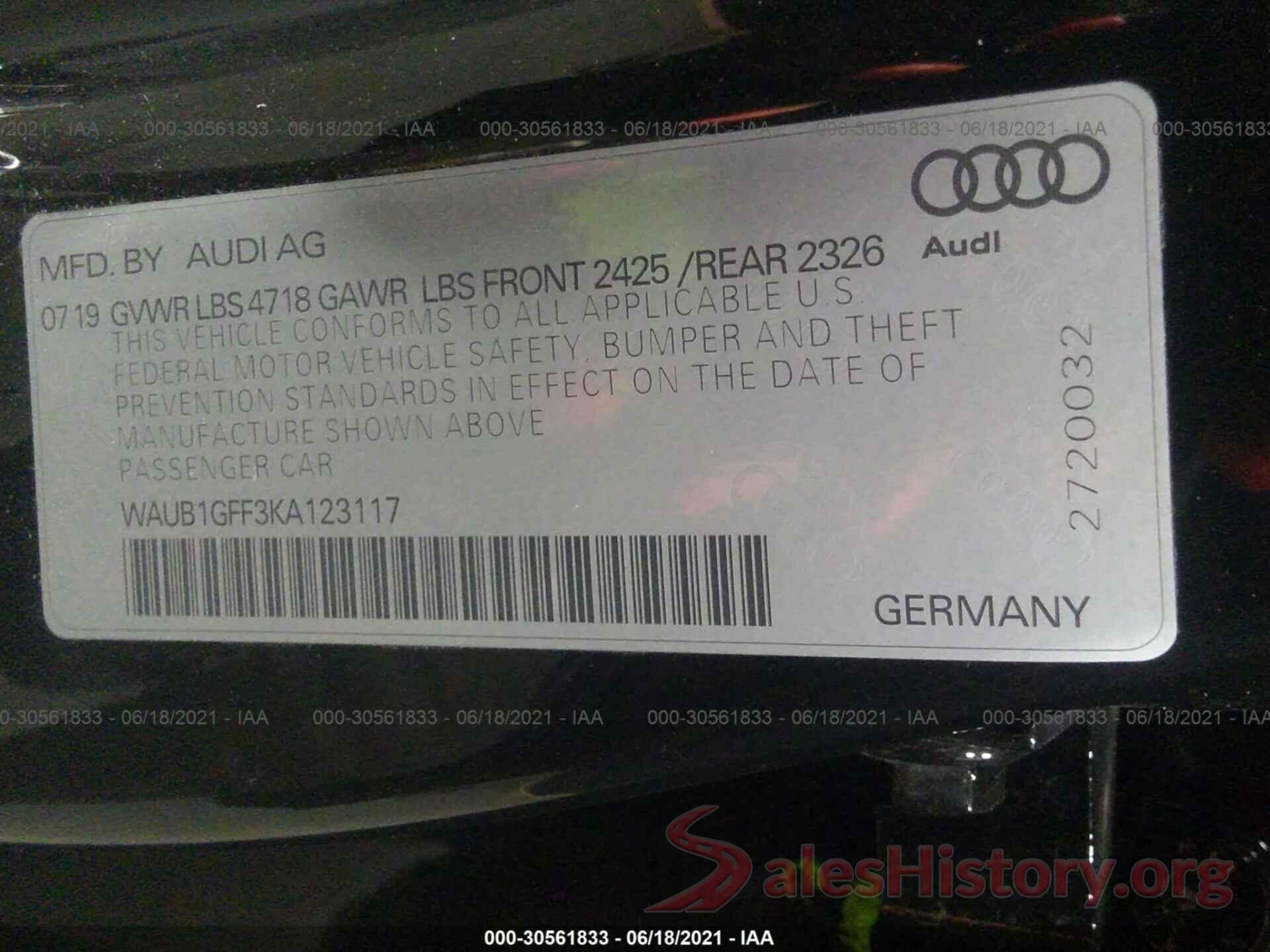 WAUB1GFF3KA123117 2019 AUDI S3