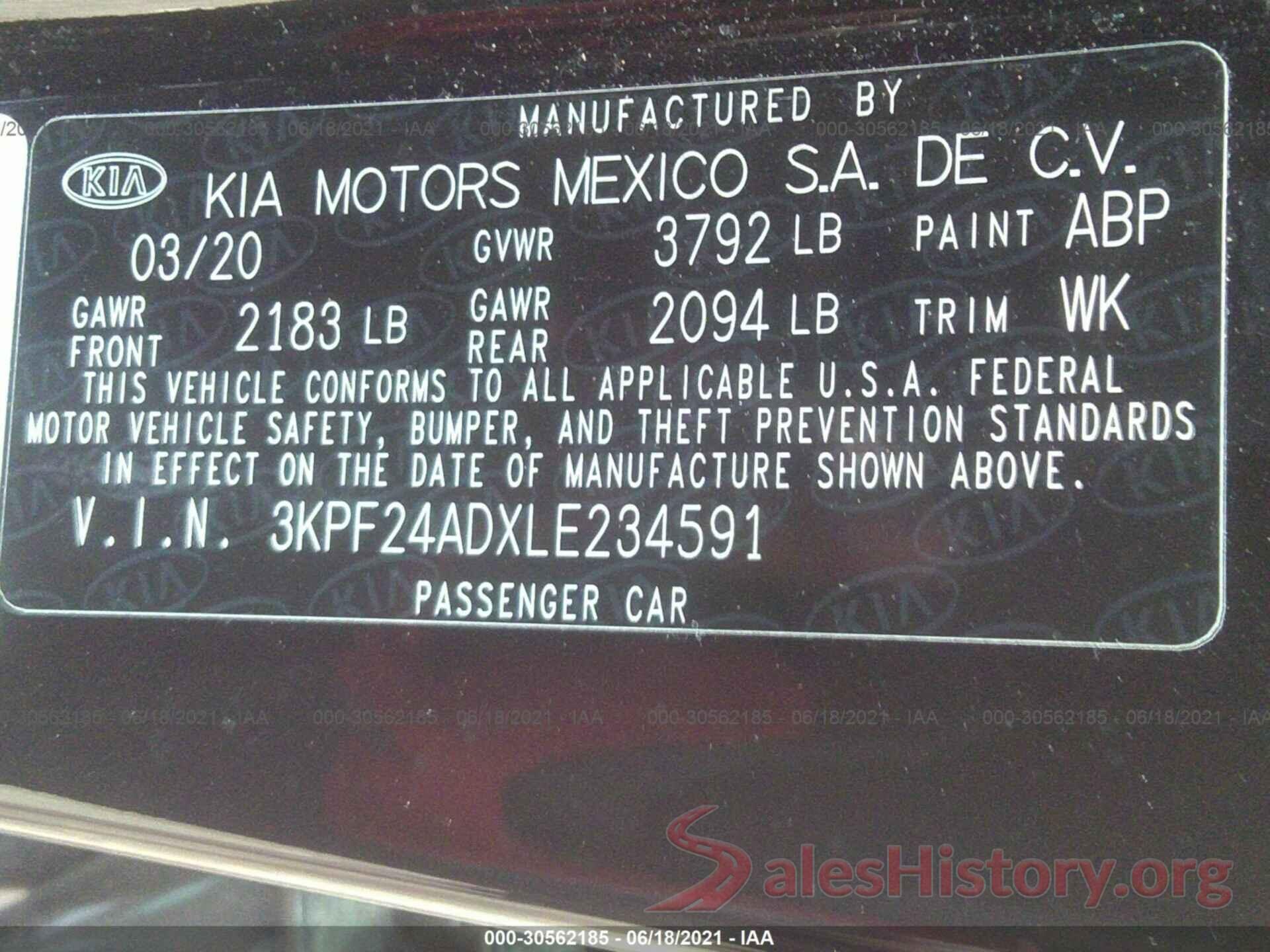 3KPF24ADXLE234591 2020 KIA FORTE