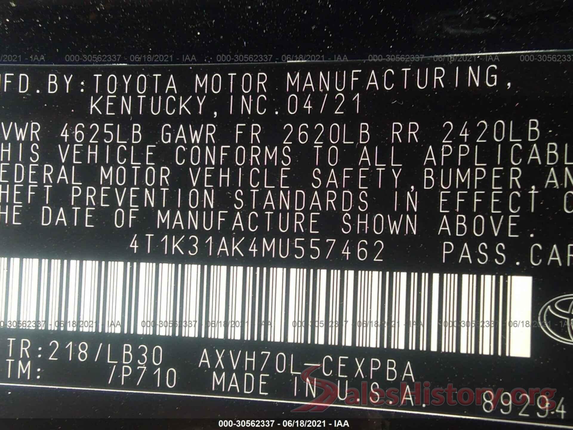 4T1K31AK4MU557462 2021 TOYOTA CAMRY