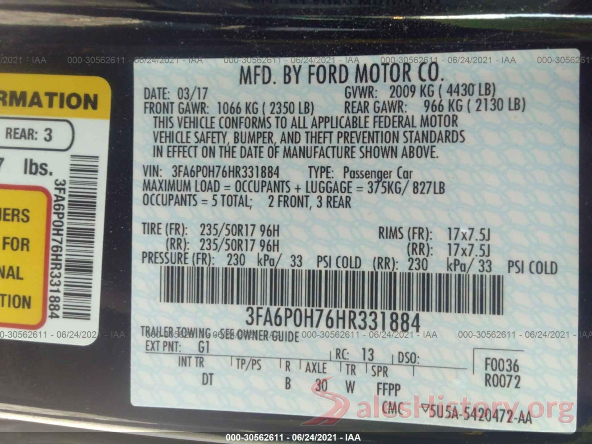 3FA6P0H76HR331884 2017 FORD FUSION