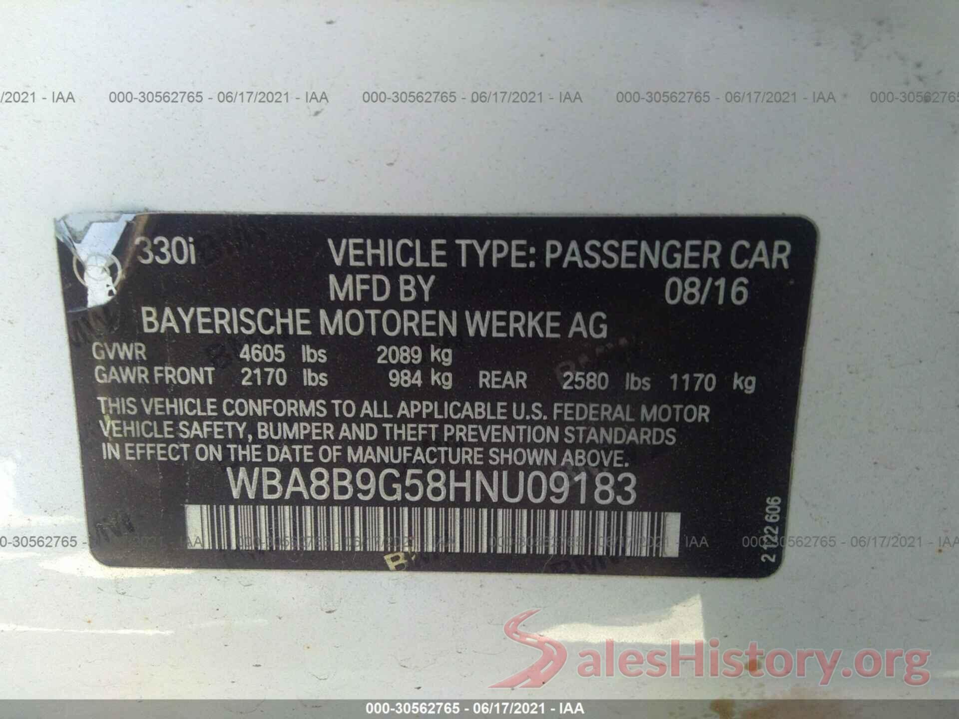 WBA8B9G58HNU09183 2017 BMW 3 SERIES