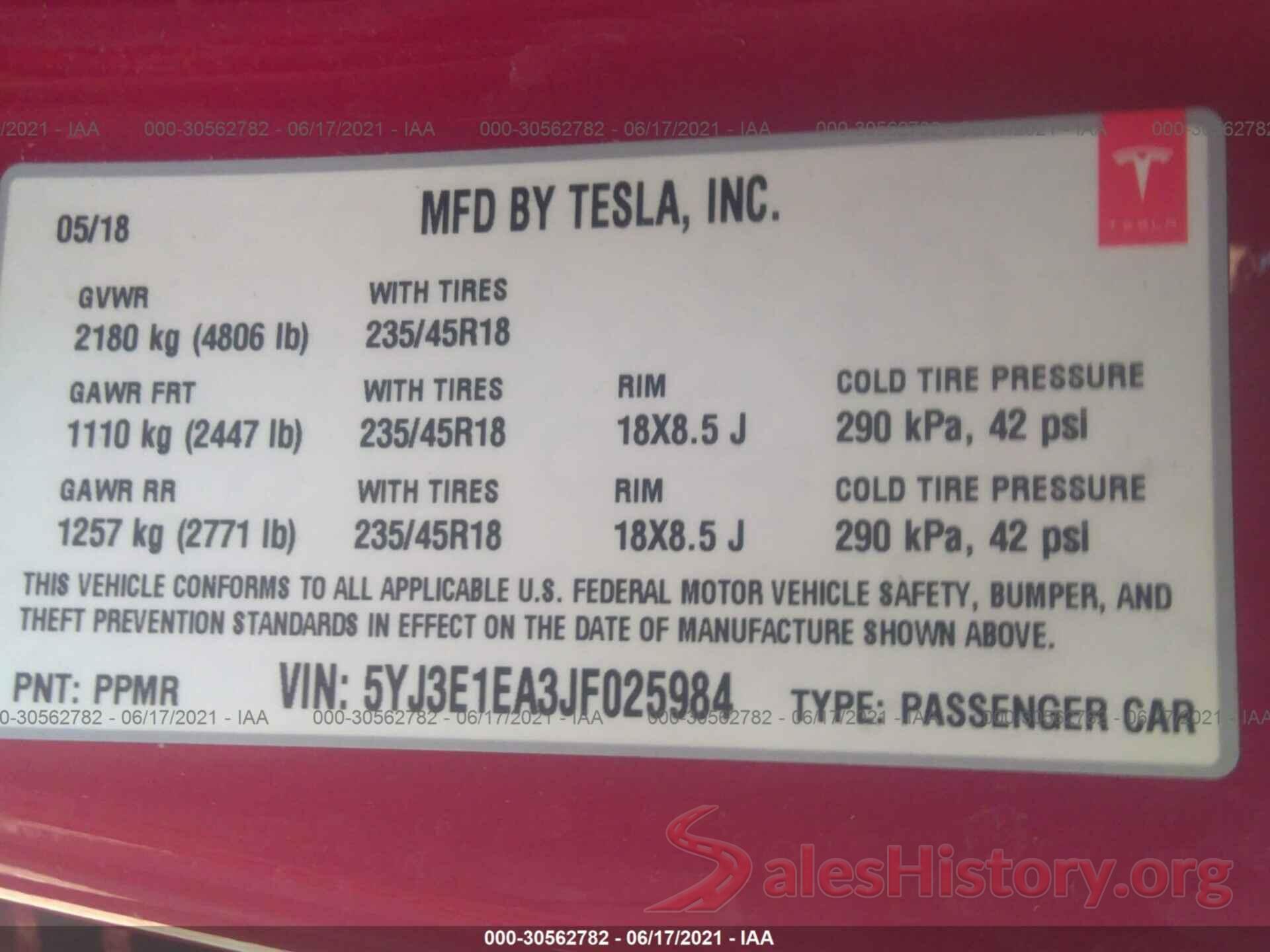 5YJ3E1EA3JF025984 2018 TESLA MODEL 3