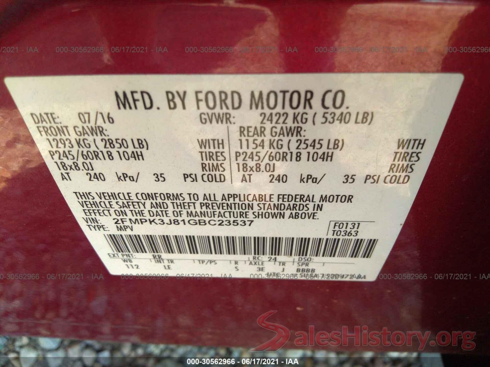 2FMPK3J81GBC23537 2016 FORD EDGE