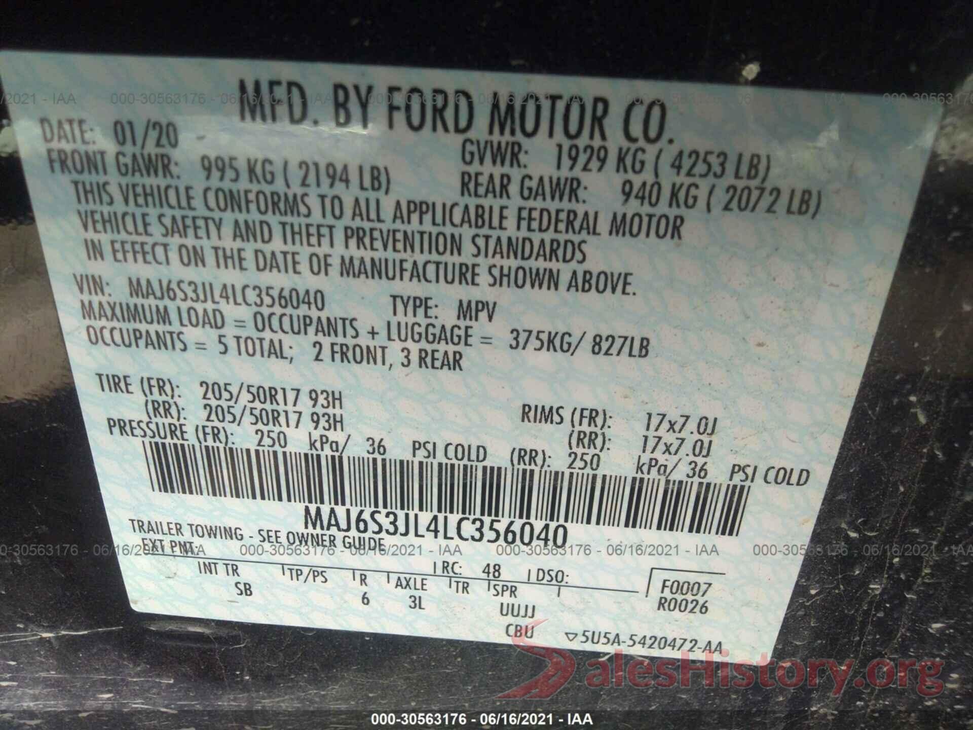 MAJ6S3JL4LC356040 2020 FORD ECOSPORT