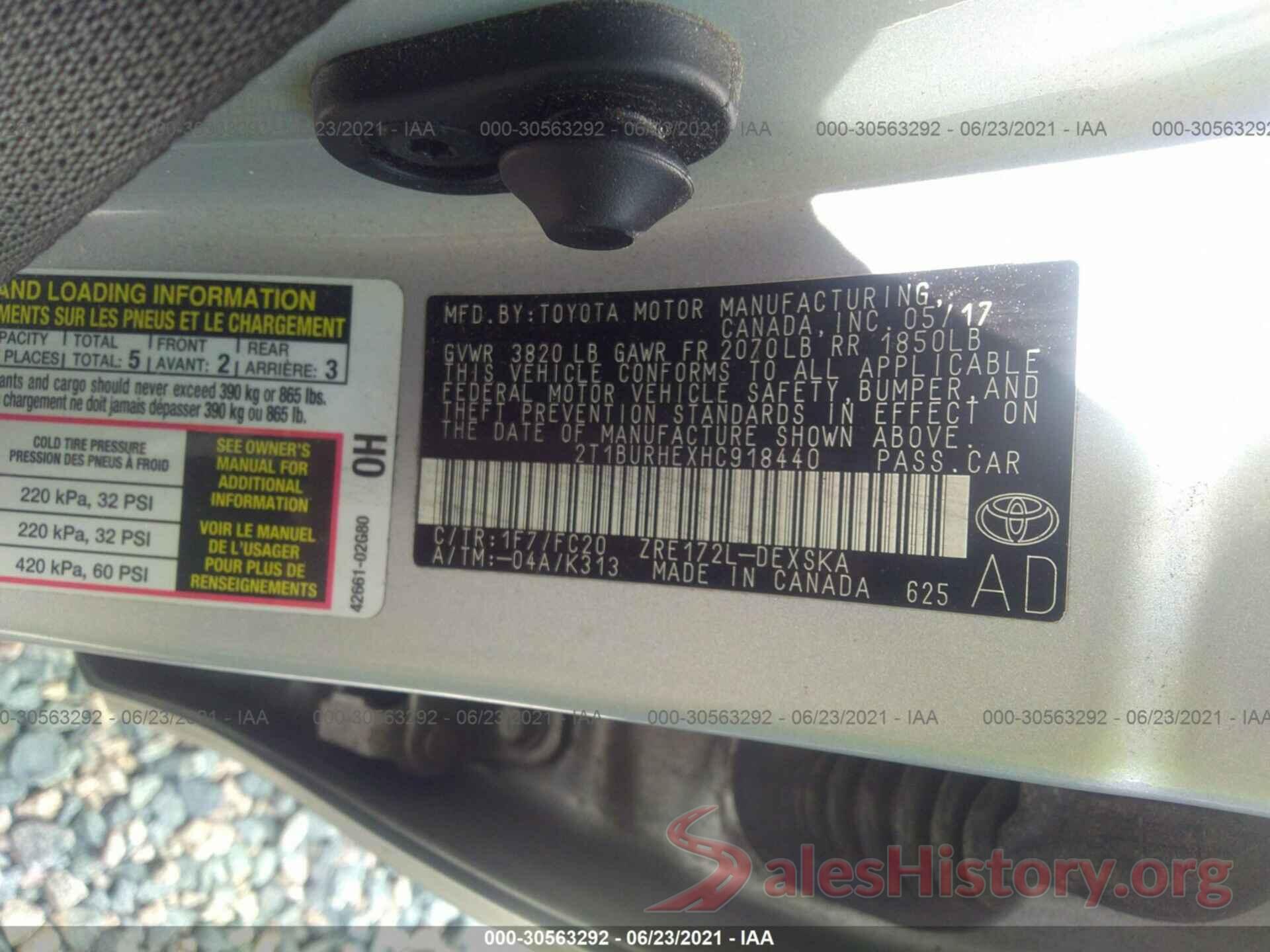 2T1BURHEXHC918440 2017 TOYOTA COROLLA