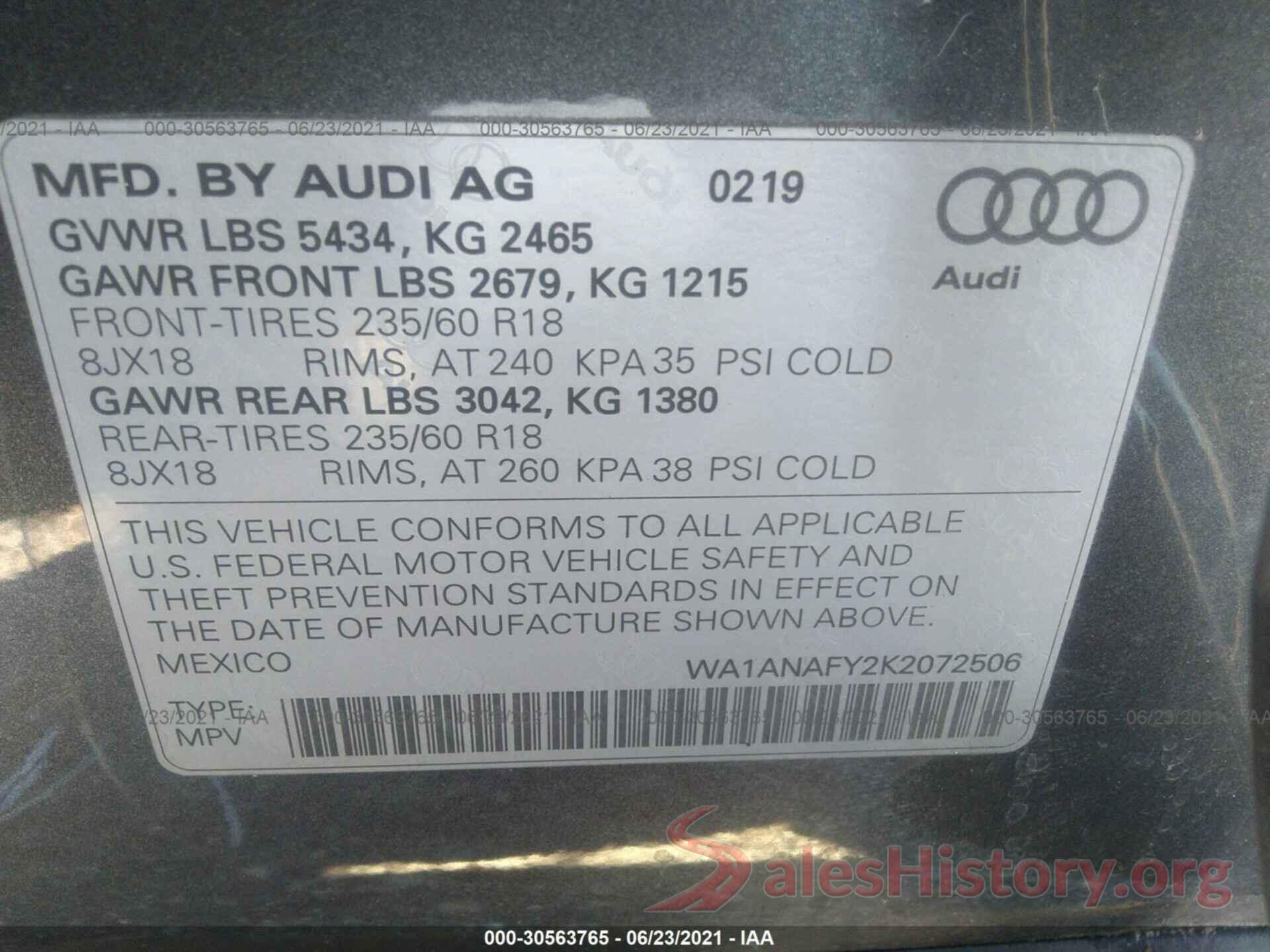 WA1ANAFY2K2072506 2019 AUDI Q5