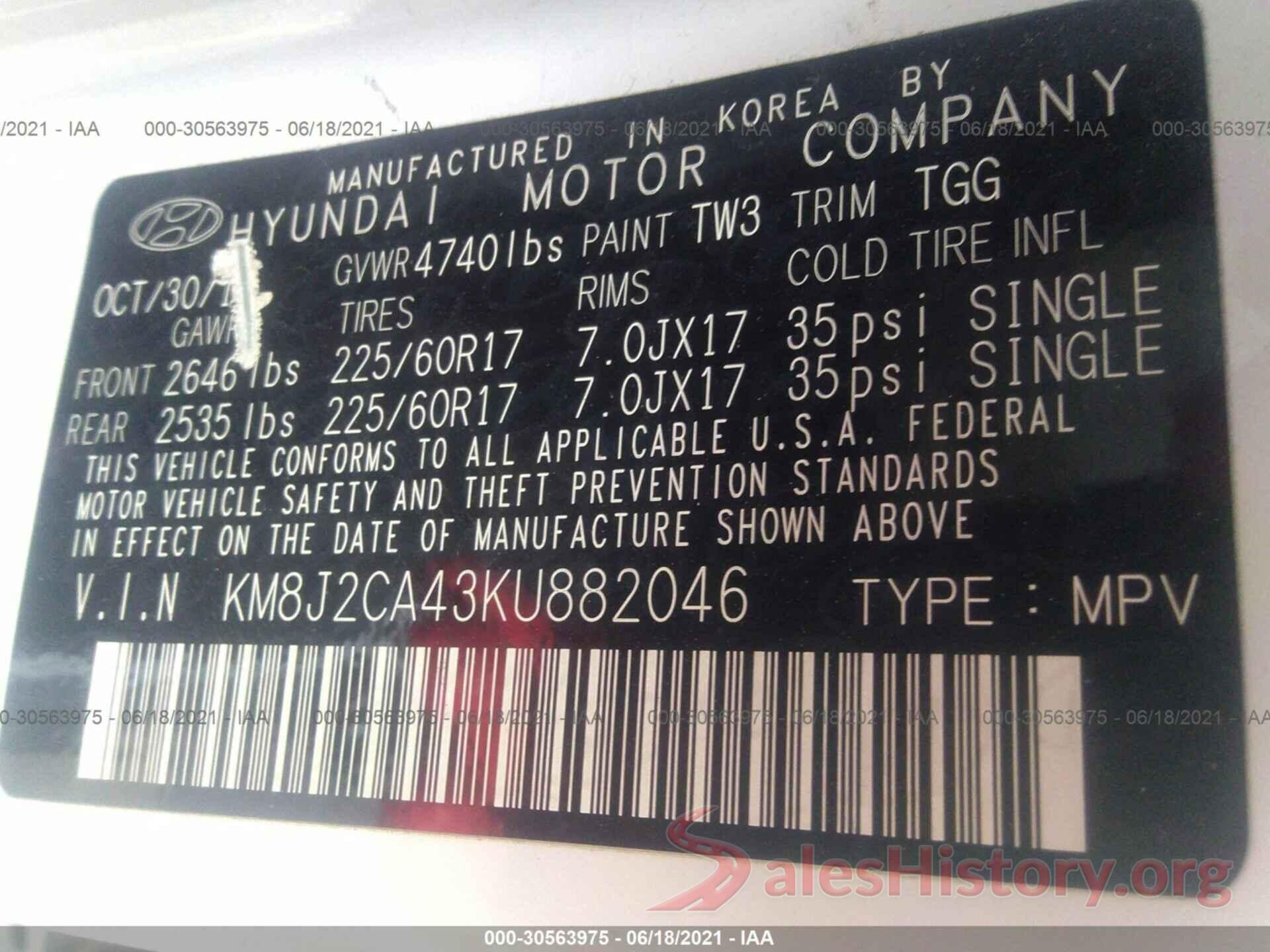 KM8J2CA43KU882046 2019 HYUNDAI TUCSON