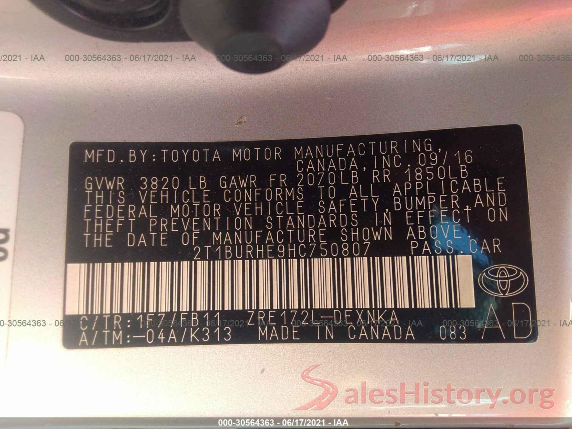 2T1BURHE9HC750807 2017 TOYOTA COROLLA