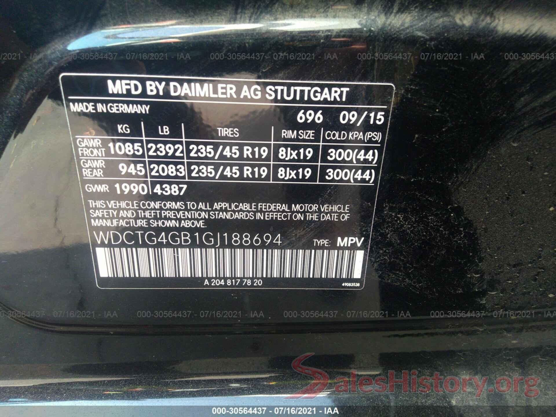 WDCTG4GB1GJ188694 2016 MERCEDES-BENZ GLA