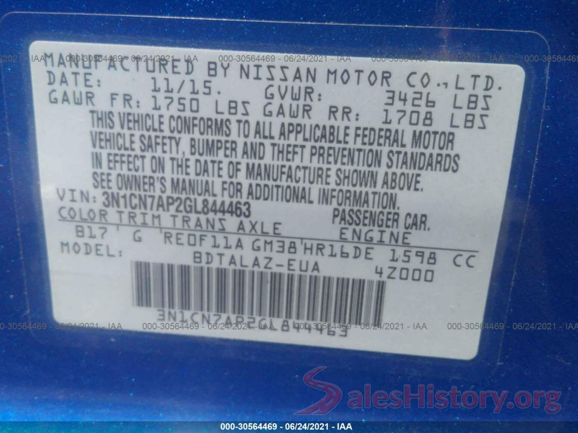 3N1CN7AP2GL844463 2016 NISSAN VERSA