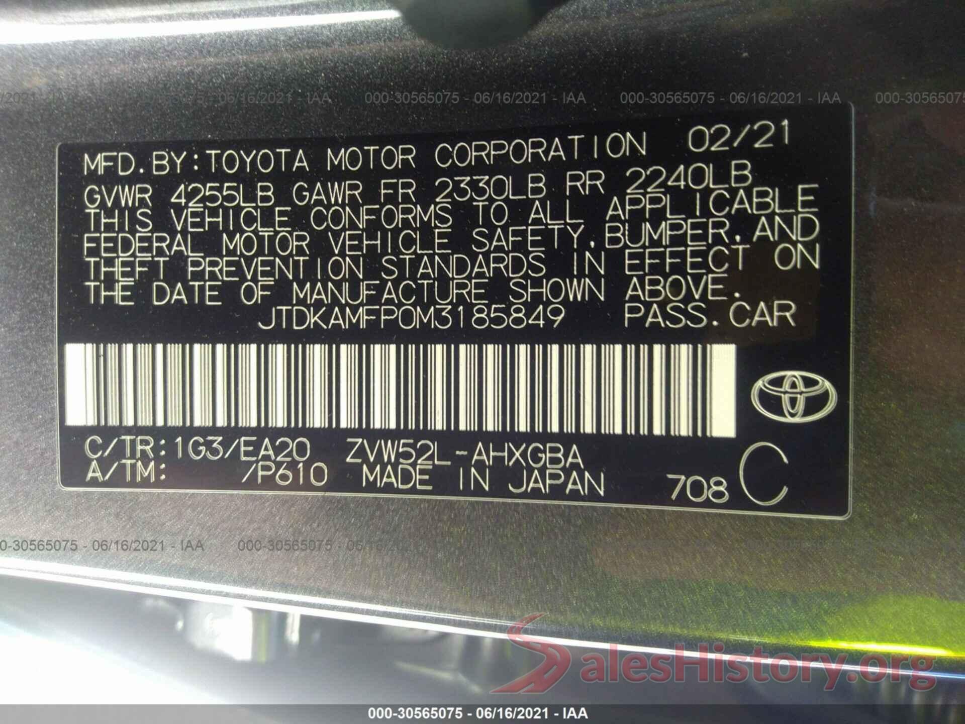 JTDKAMFP0M3185849 2021 TOYOTA PRIUS PRIME