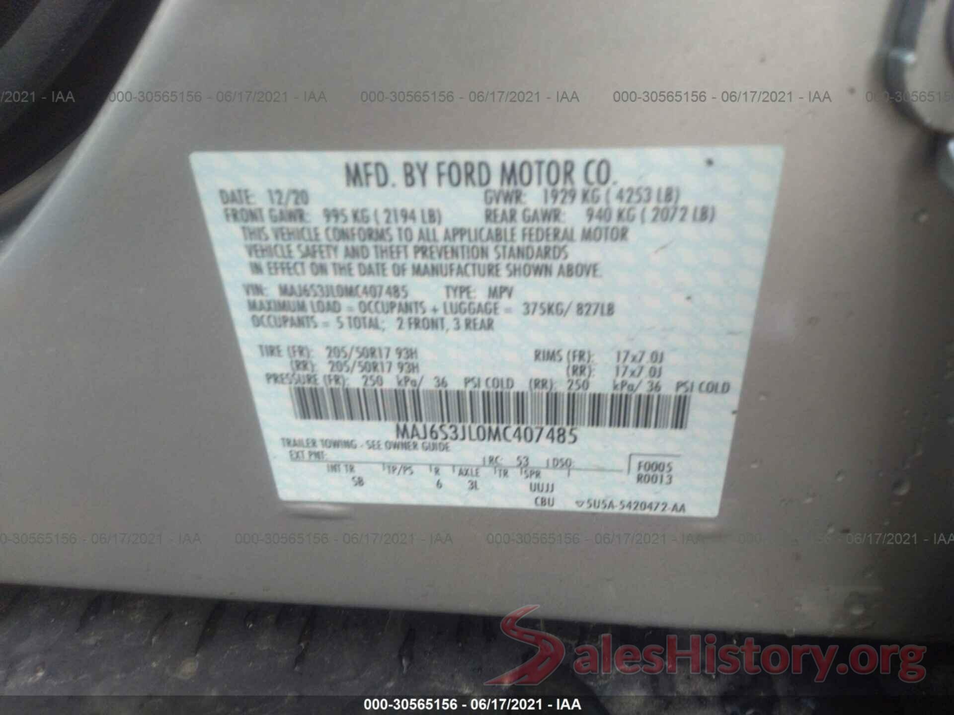 MAJ6S3JL0MC407485 2021 FORD ECOSPORT