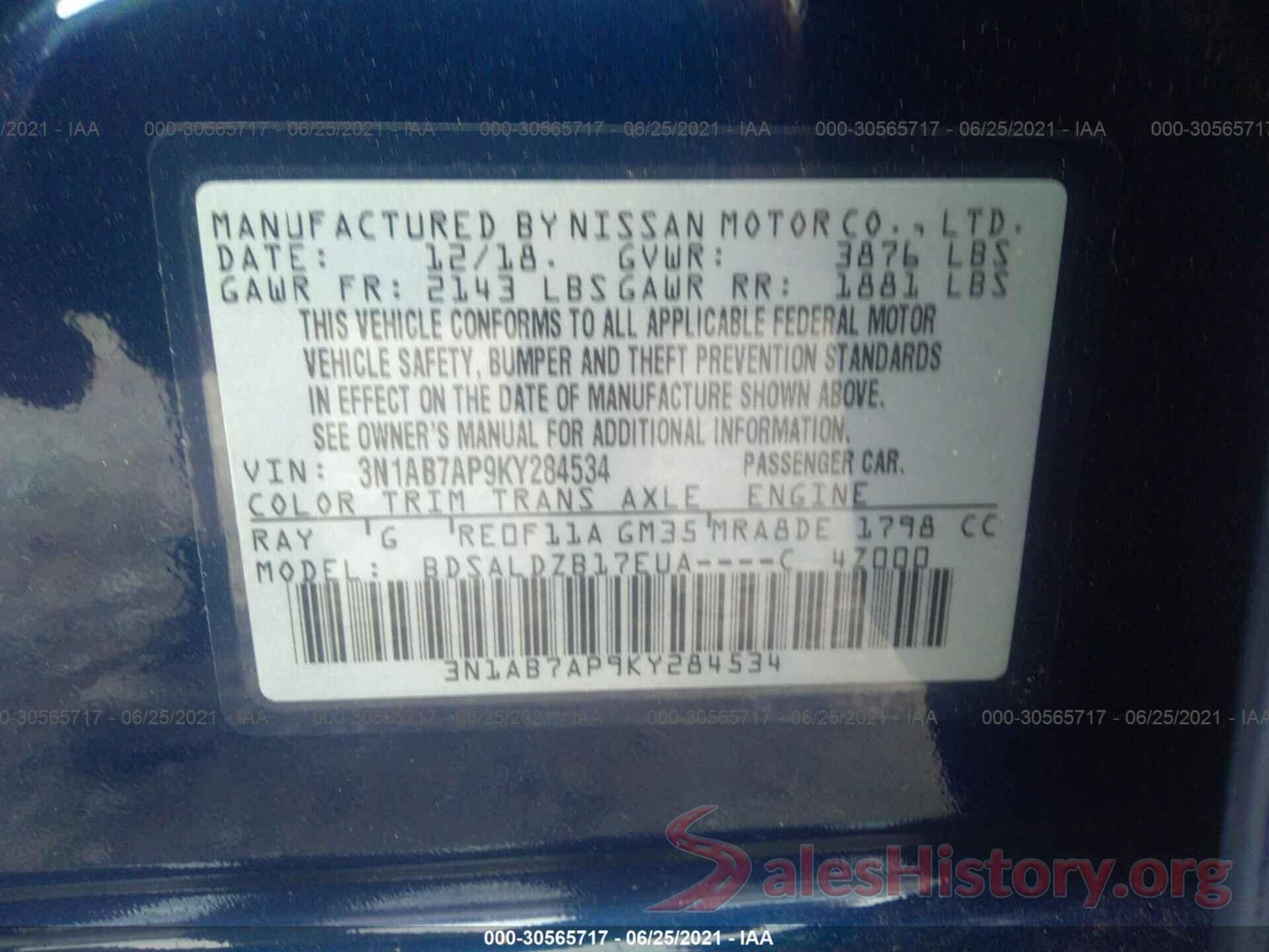 3N1AB7AP9KY284534 2019 NISSAN SENTRA