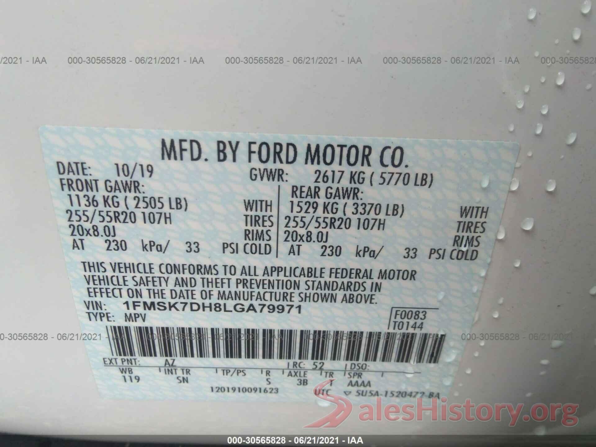 1FMSK7DH8LGA79971 2020 FORD EXPLORER