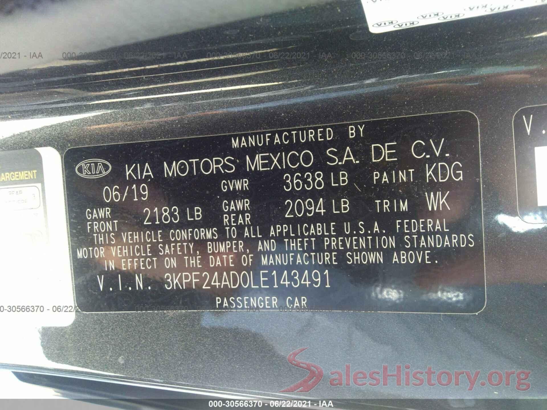 3KPF24AD0LE143491 2020 KIA FORTE