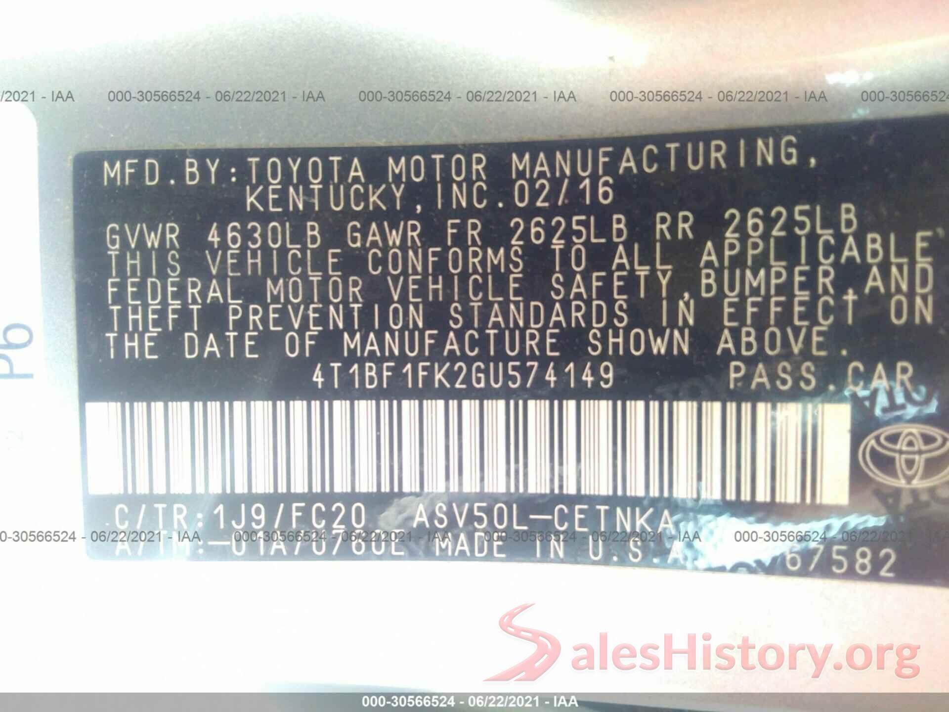 4T1BF1FK2GU574149 2016 TOYOTA CAMRY