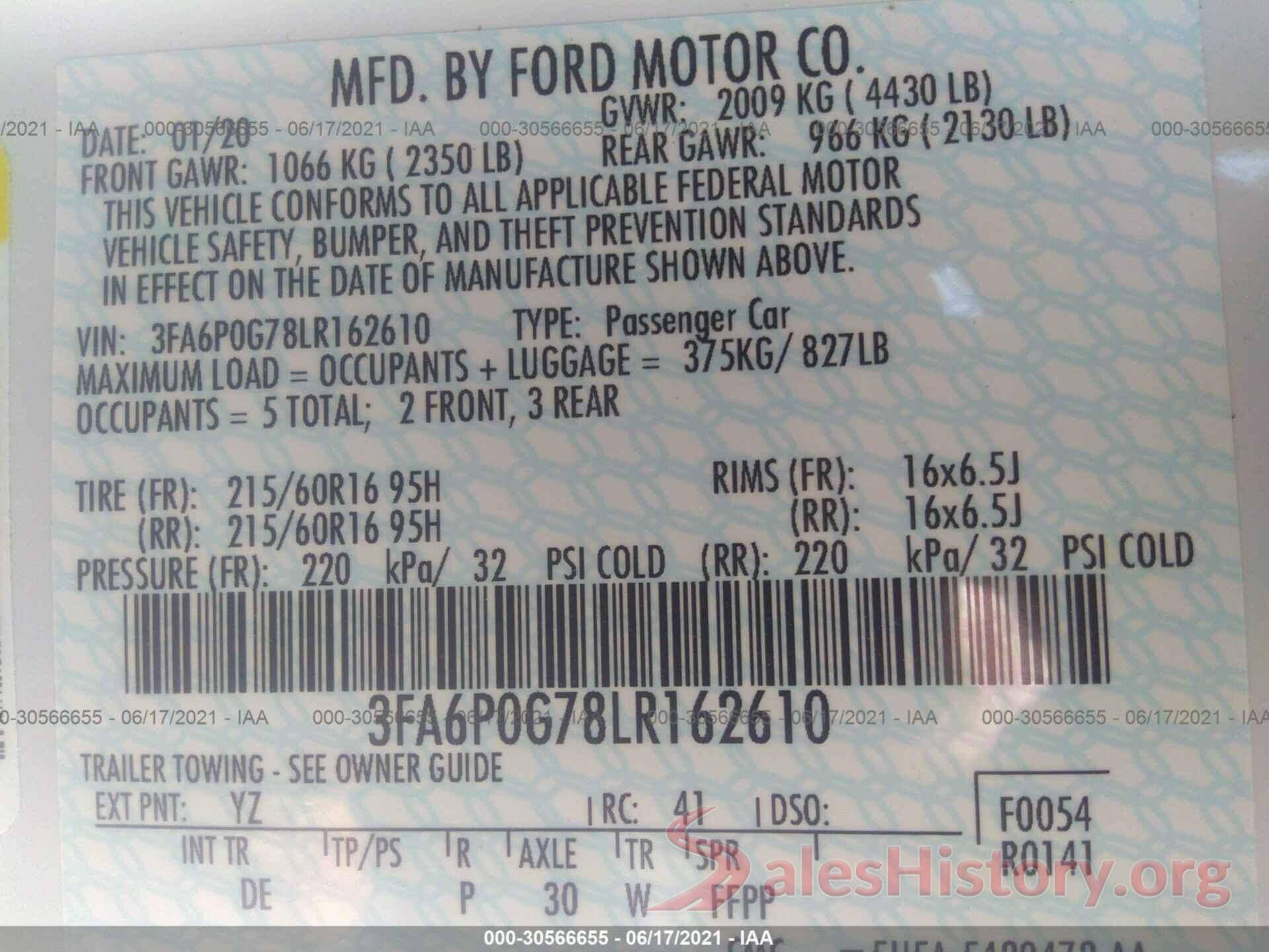 3FA6P0G78LR162610 2020 FORD FUSION