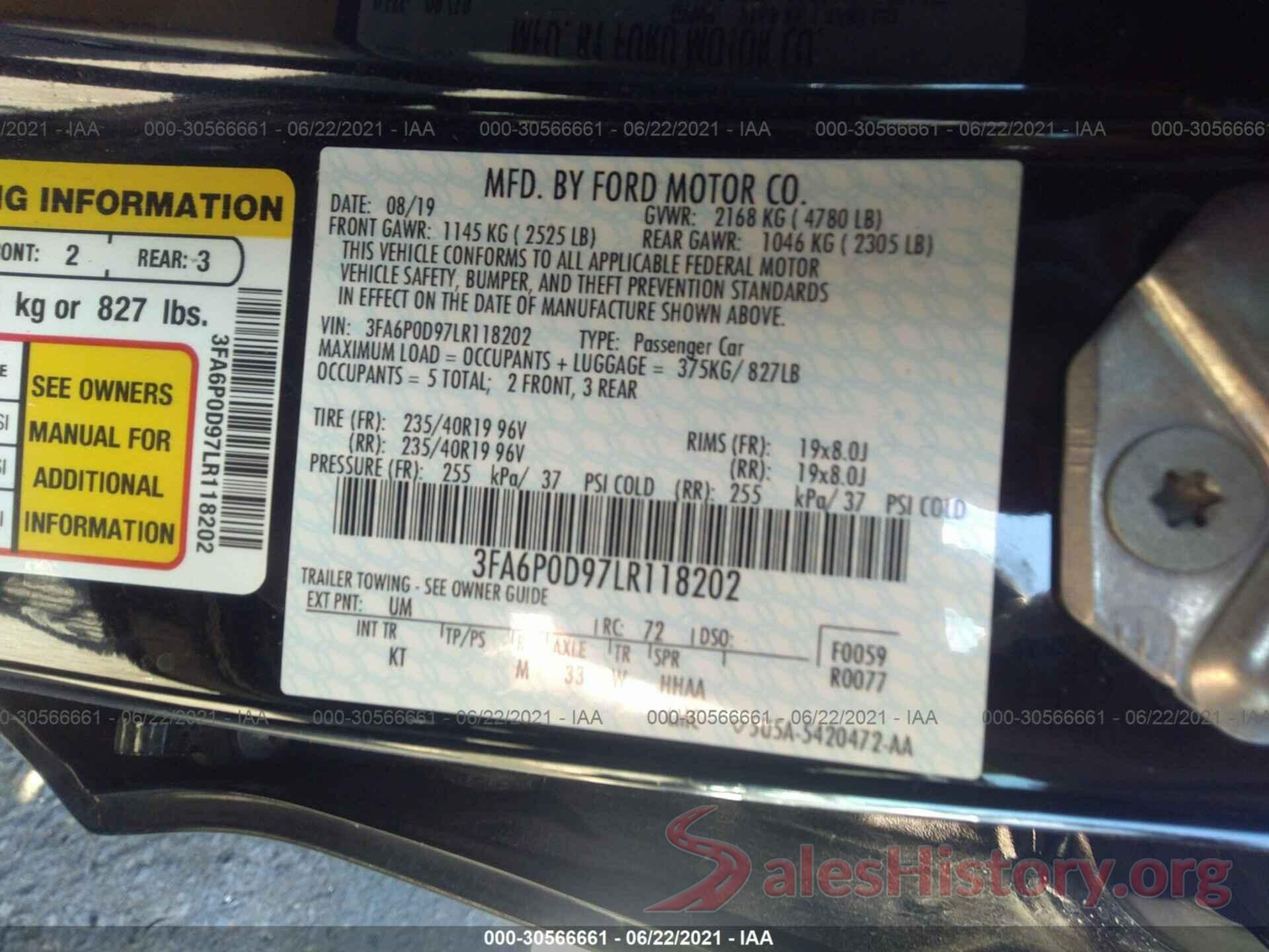 3FA6P0D97LR118202 2020 FORD FUSION