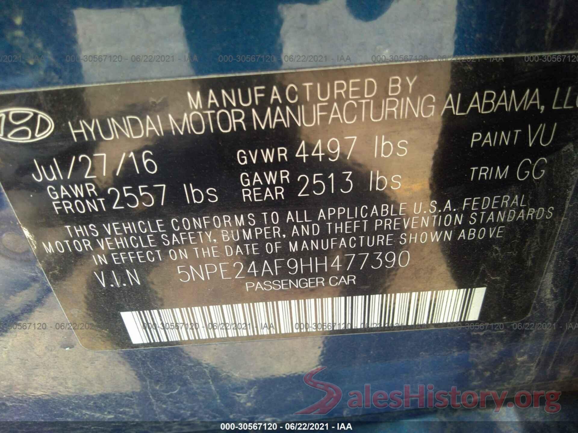 5NPE24AF9HH477390 2017 HYUNDAI SONATA