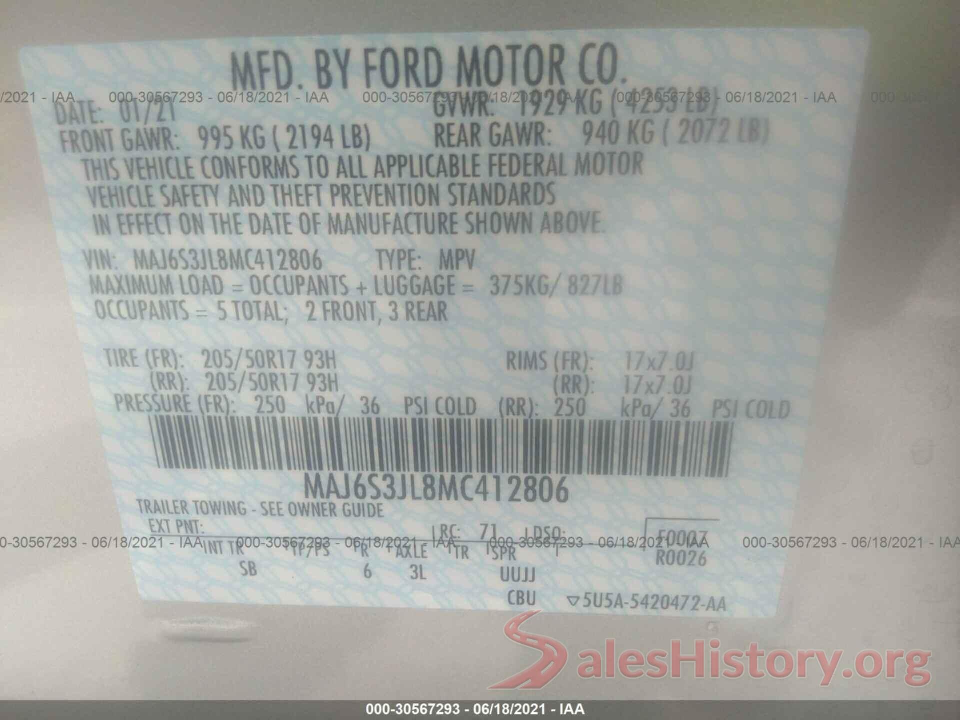 MAJ6S3JL8MC412806 2021 FORD ECOSPORT