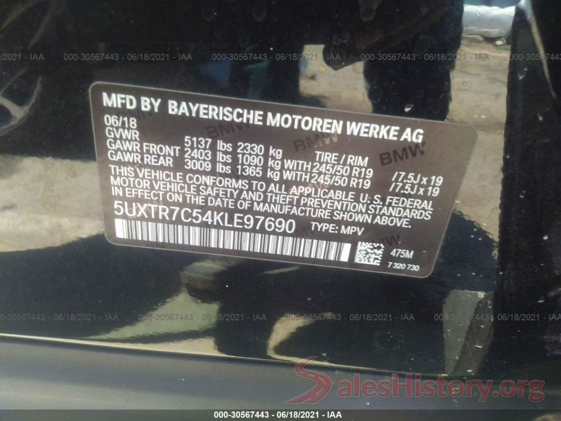 5UXTR7C54KLE97690 2019 BMW X3