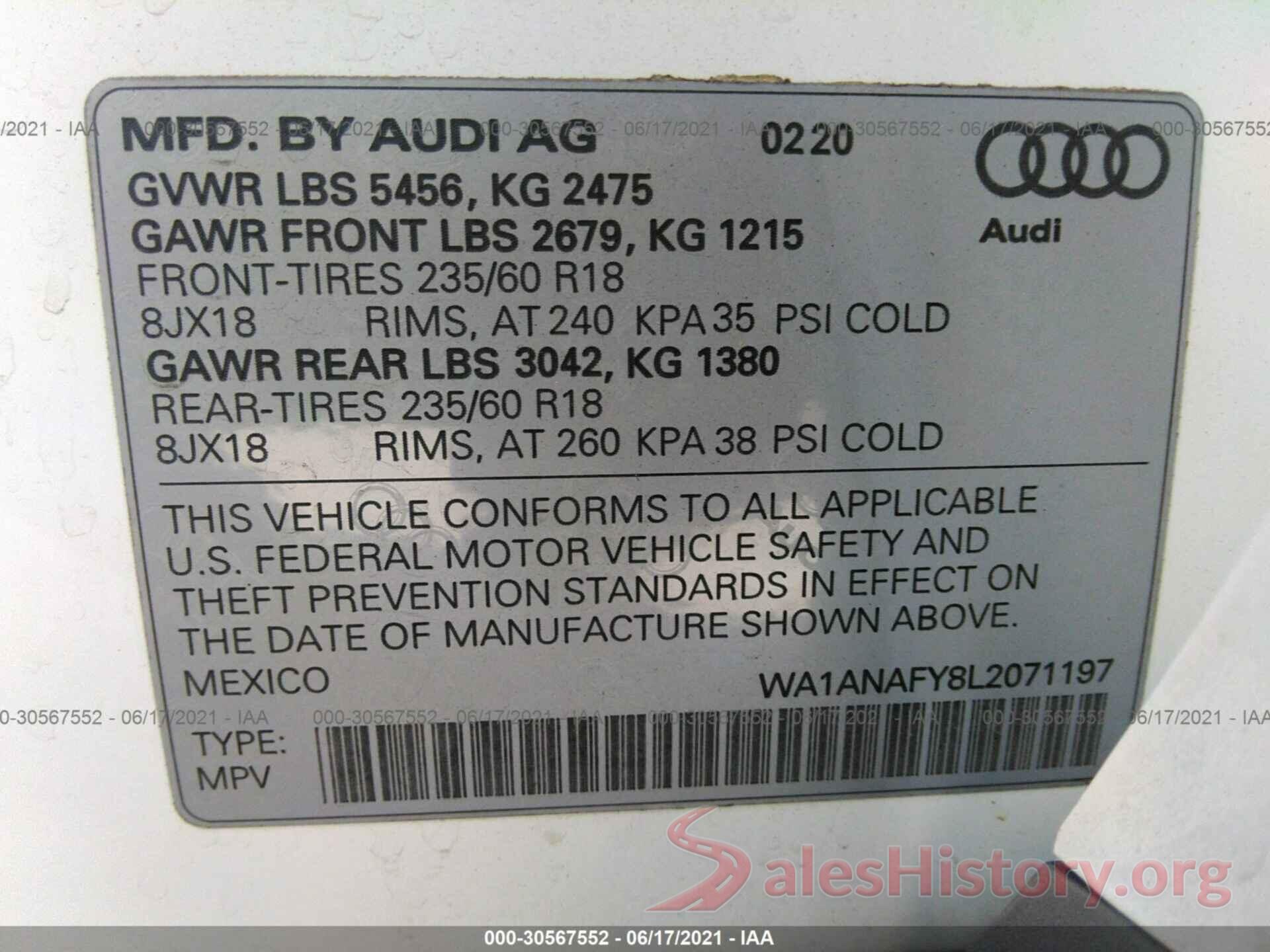 WA1ANAFY8L2071197 2020 AUDI Q5