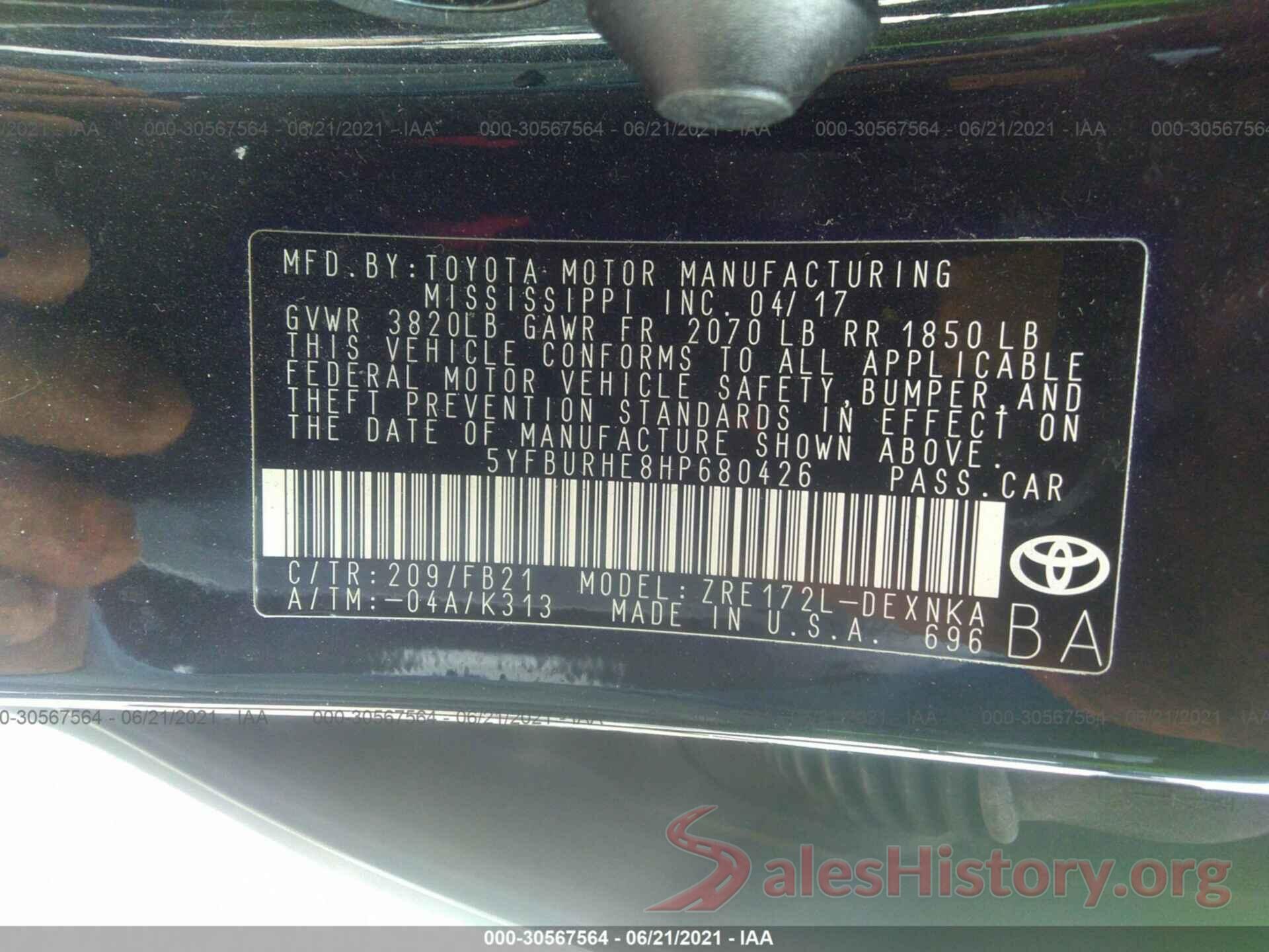 5YFBURHE8HP680426 2017 TOYOTA COROLLA