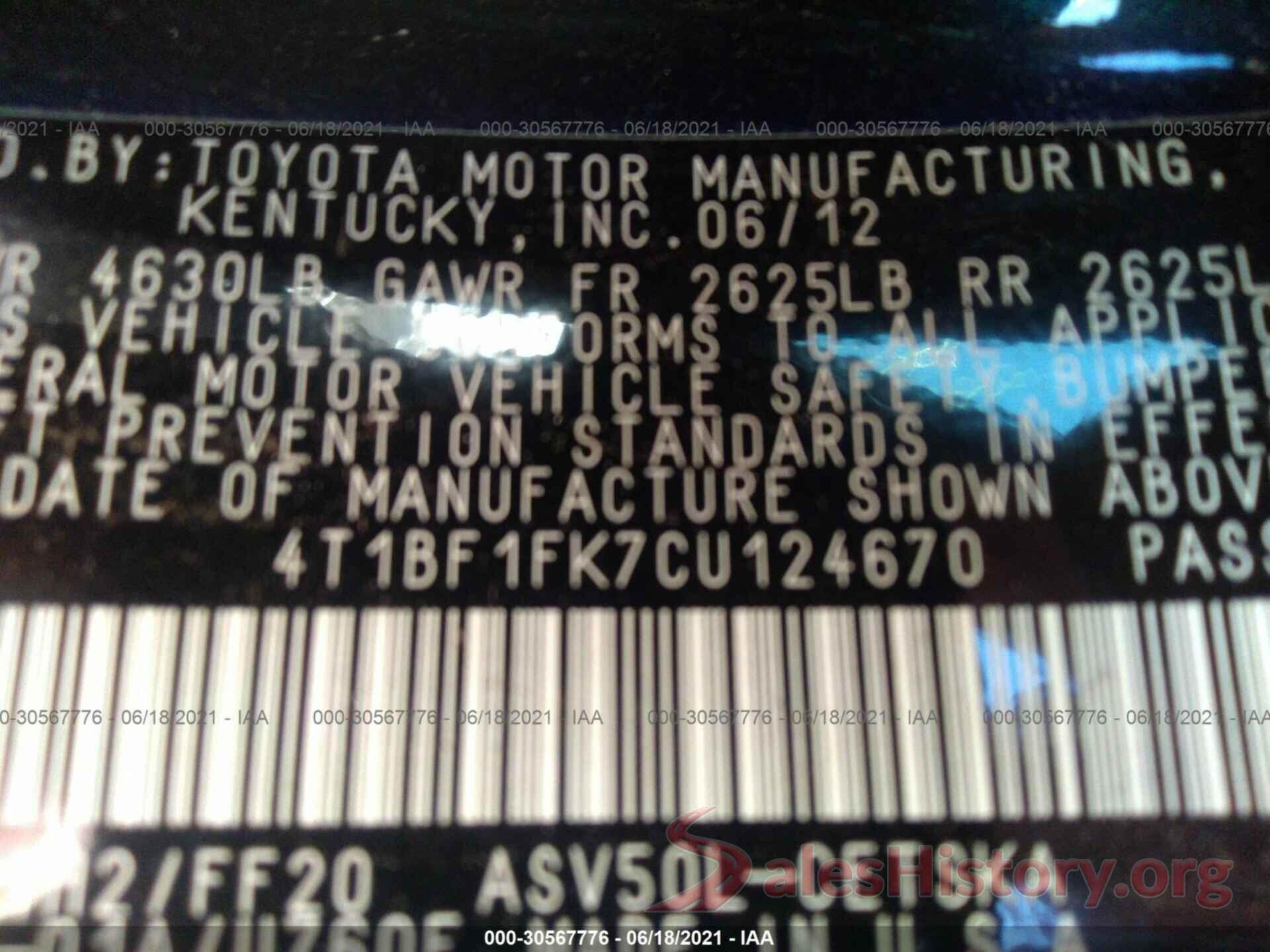 4T1BF1FK7CU124670 2012 TOYOTA CAMRY