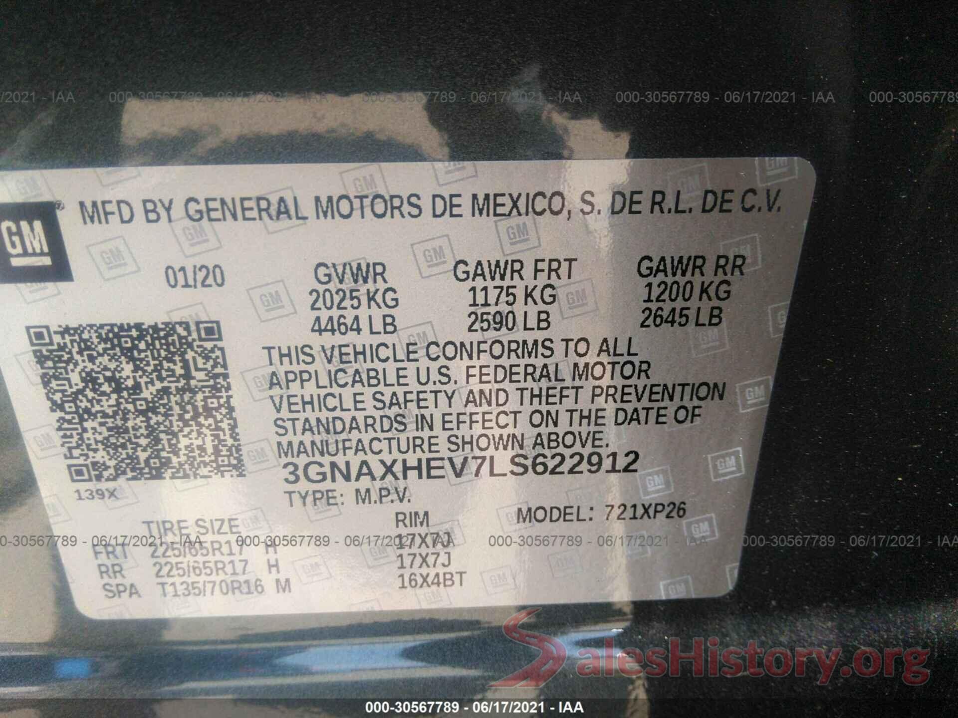 3GNAXHEV7LS622912 2020 CHEVROLET EQUINOX