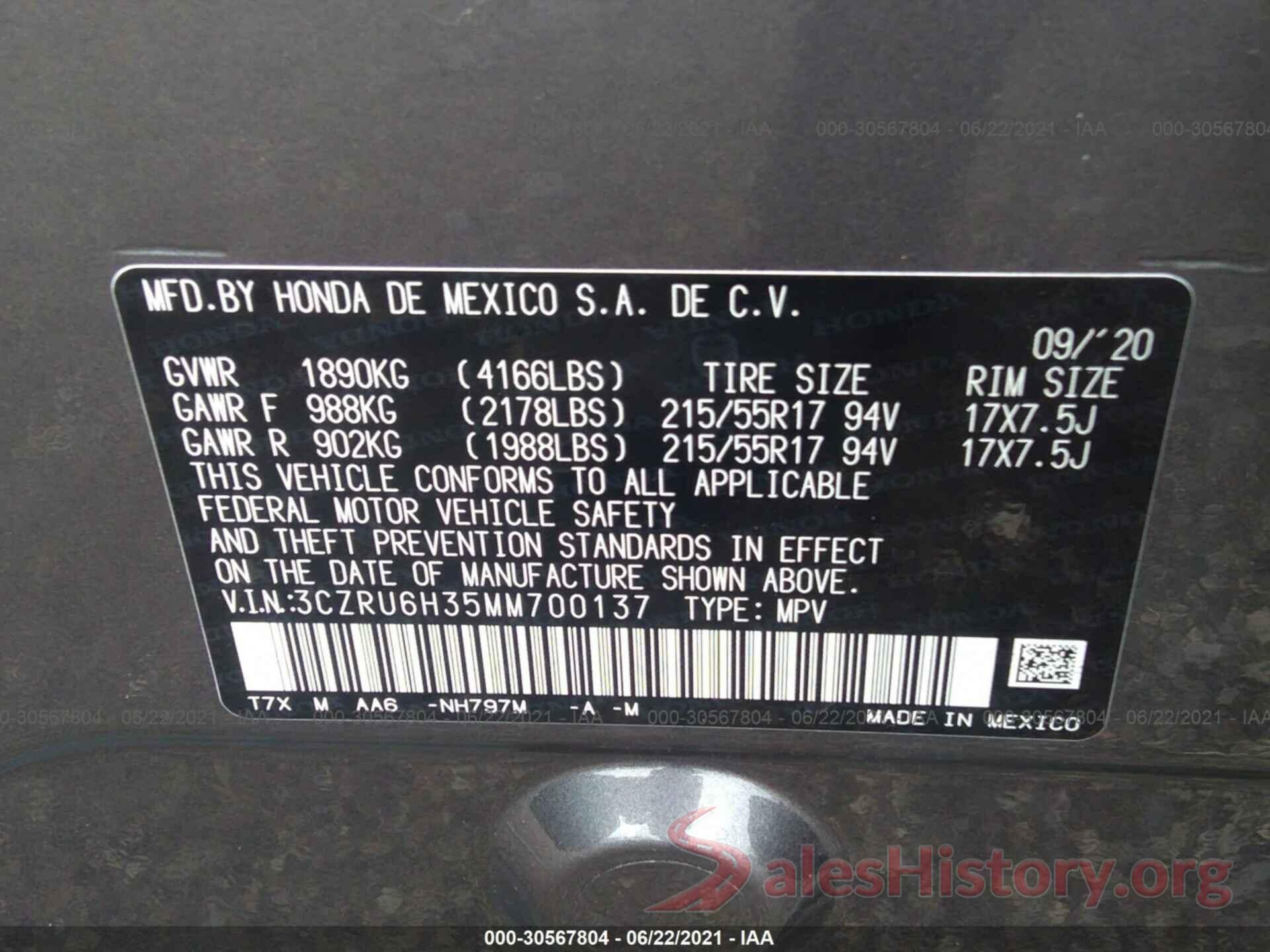 3CZRU6H35MM700137 2021 HONDA HR-V