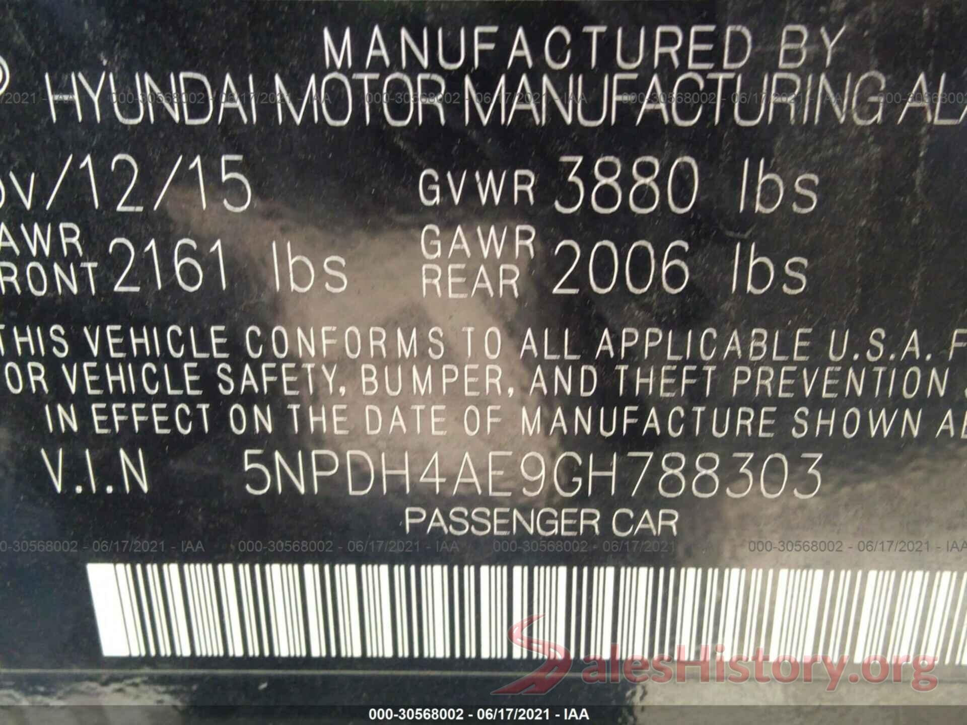 5NPDH4AE9GH788303 2016 HYUNDAI ELANTRA