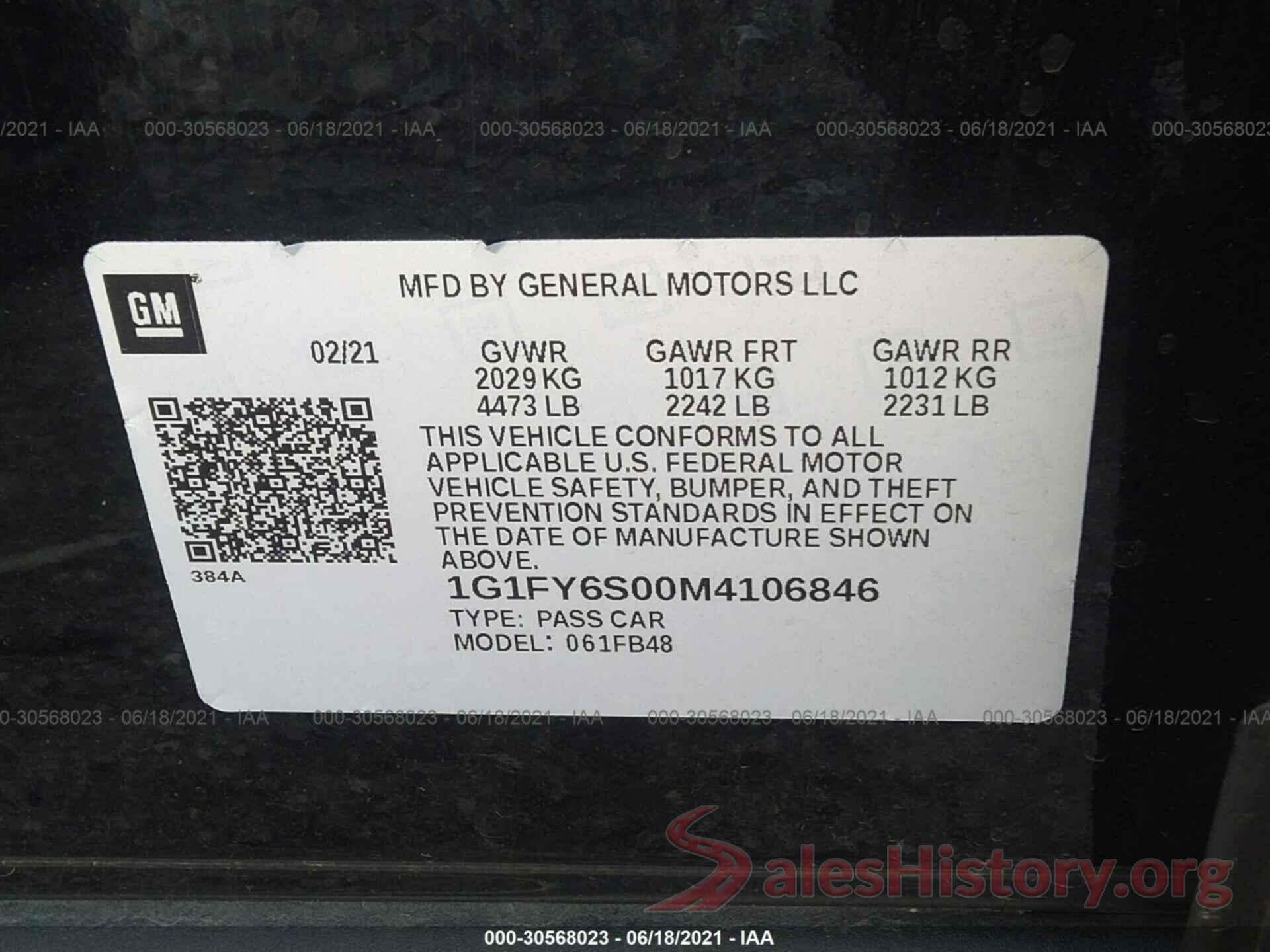 1G1FY6S00M4106846 2021 CHEVROLET BOLT EV