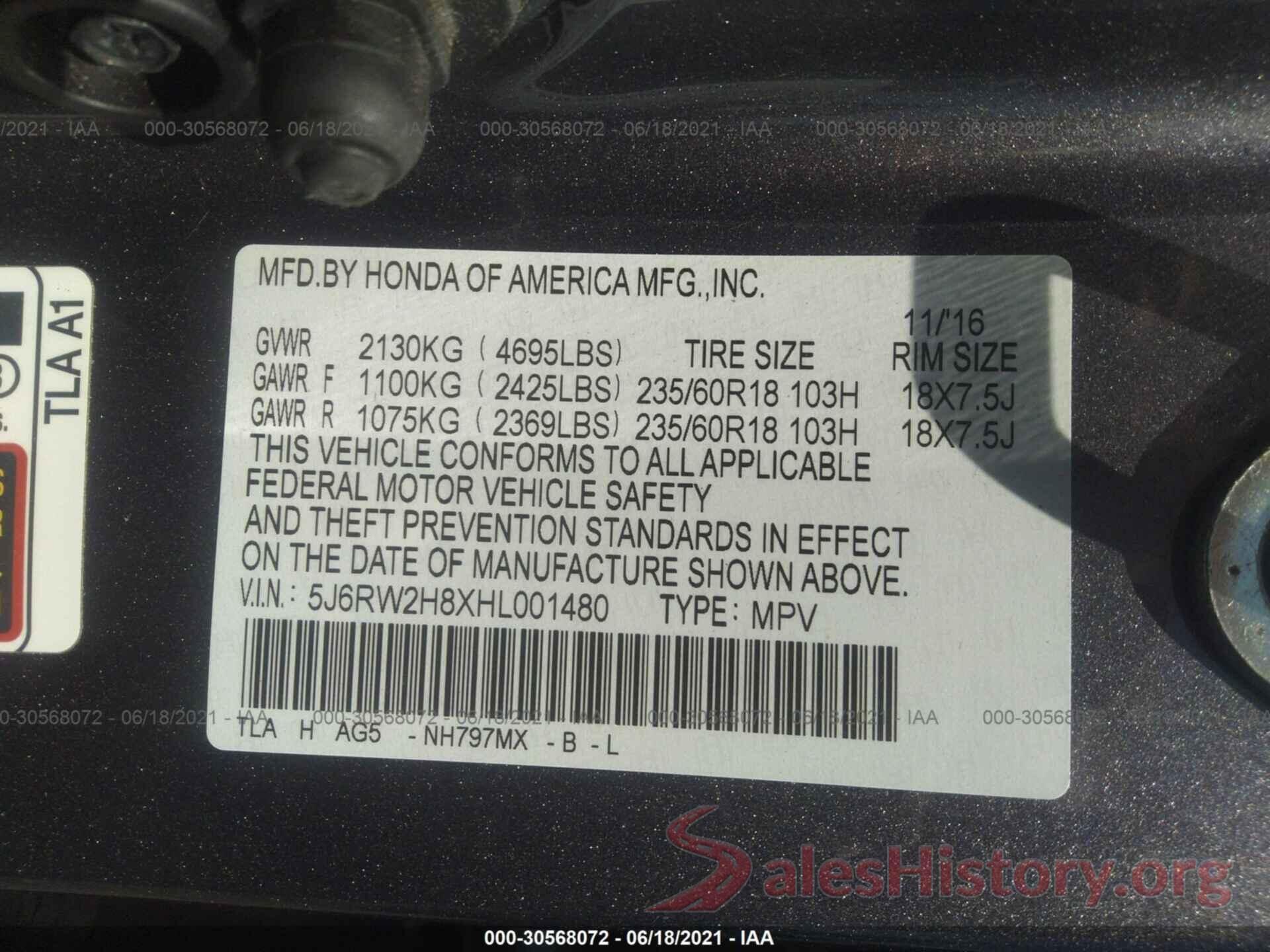 5J6RW2H8XHL001480 2017 HONDA CR-V