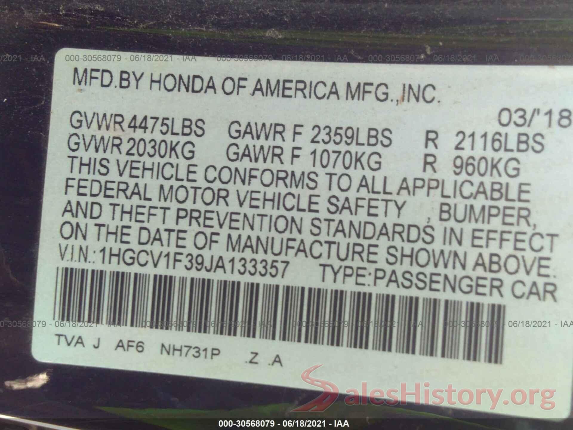 1HGCV1F39JA133357 2018 HONDA ACCORD SEDAN