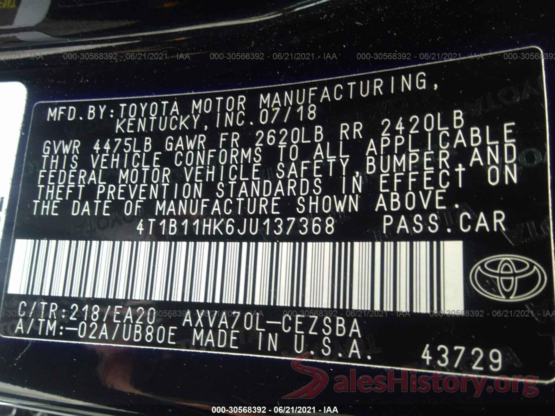 4T1B11HK6JU137368 2018 TOYOTA CAMRY