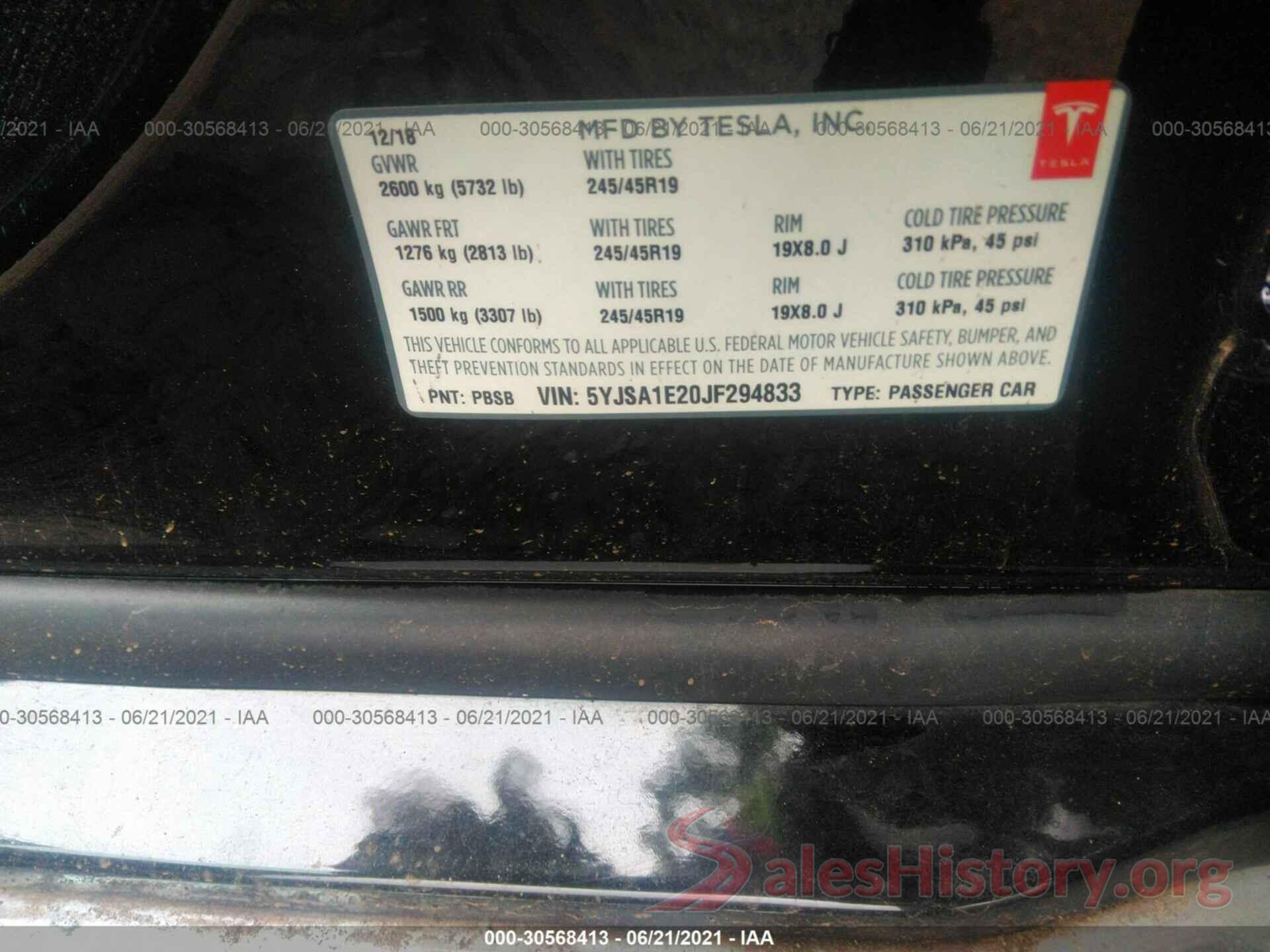 5YJSA1E20JF294833 2018 TESLA MODEL S