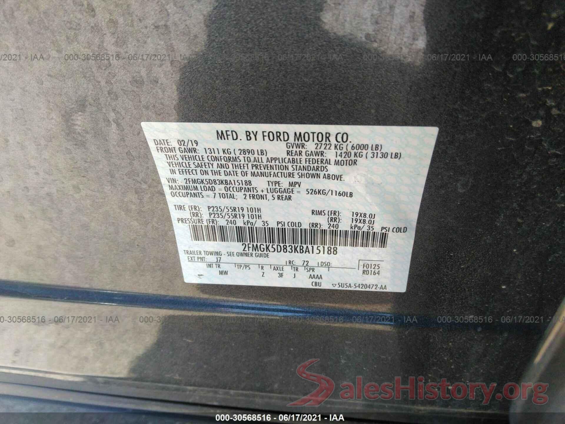 2FMGK5D83KBA15188 2019 FORD FLEX