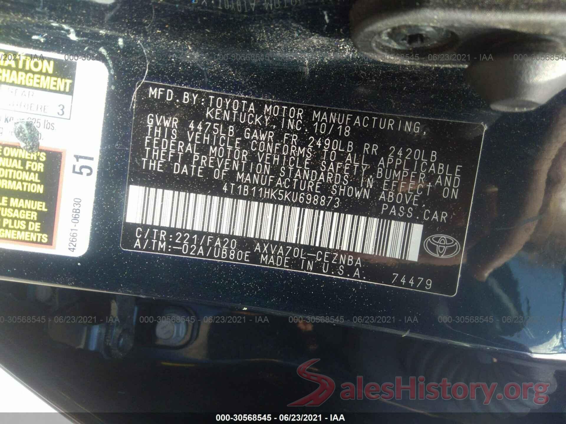 4T1B11HK5KU698873 2019 TOYOTA CAMRY