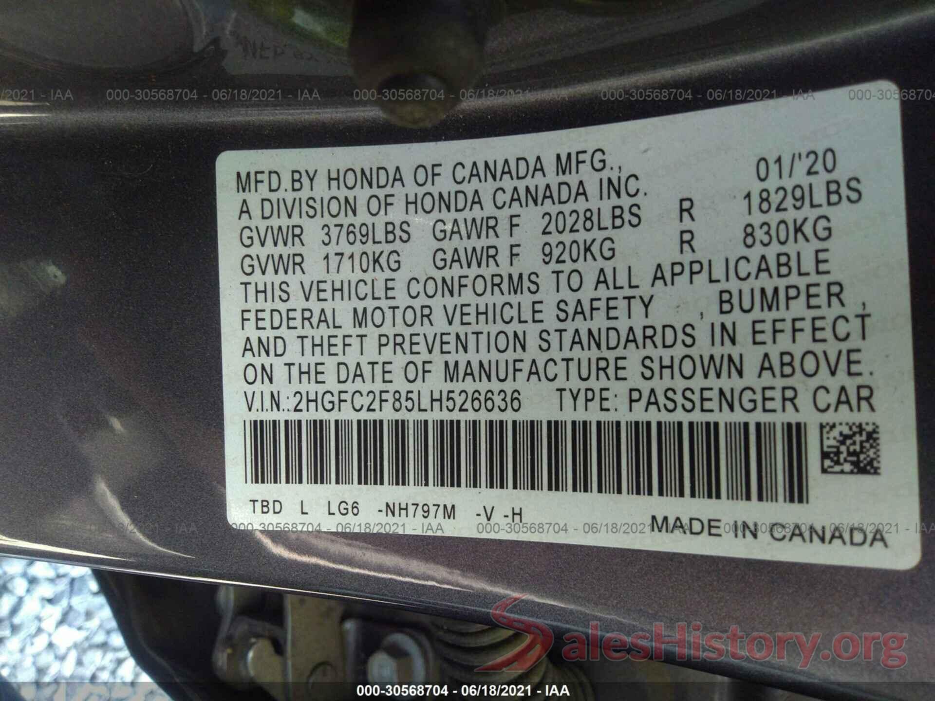 2HGFC2F85LH526636 2020 HONDA CIVIC SEDAN