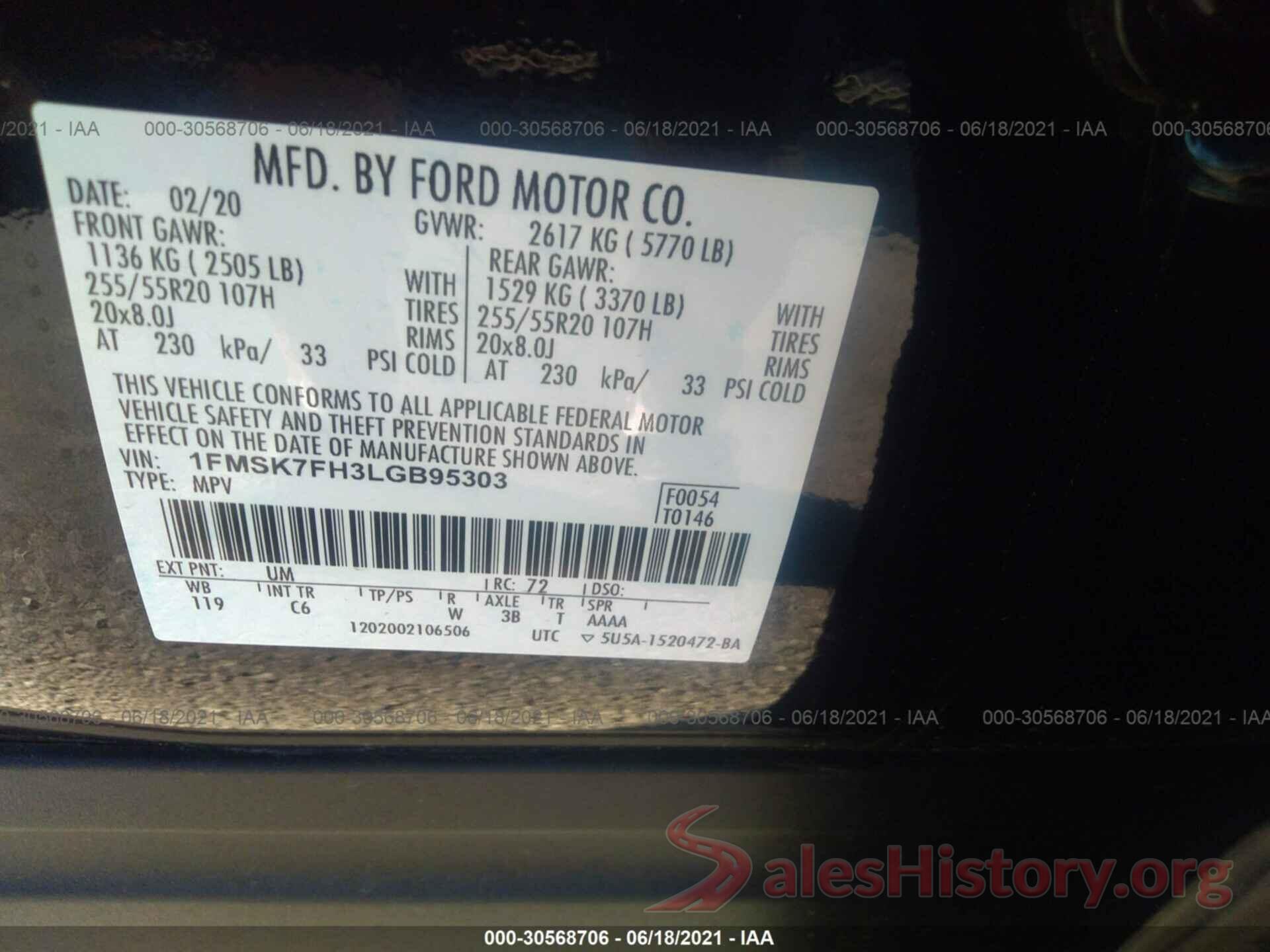 1FMSK7FH3LGB95303 2020 FORD EXPLORER